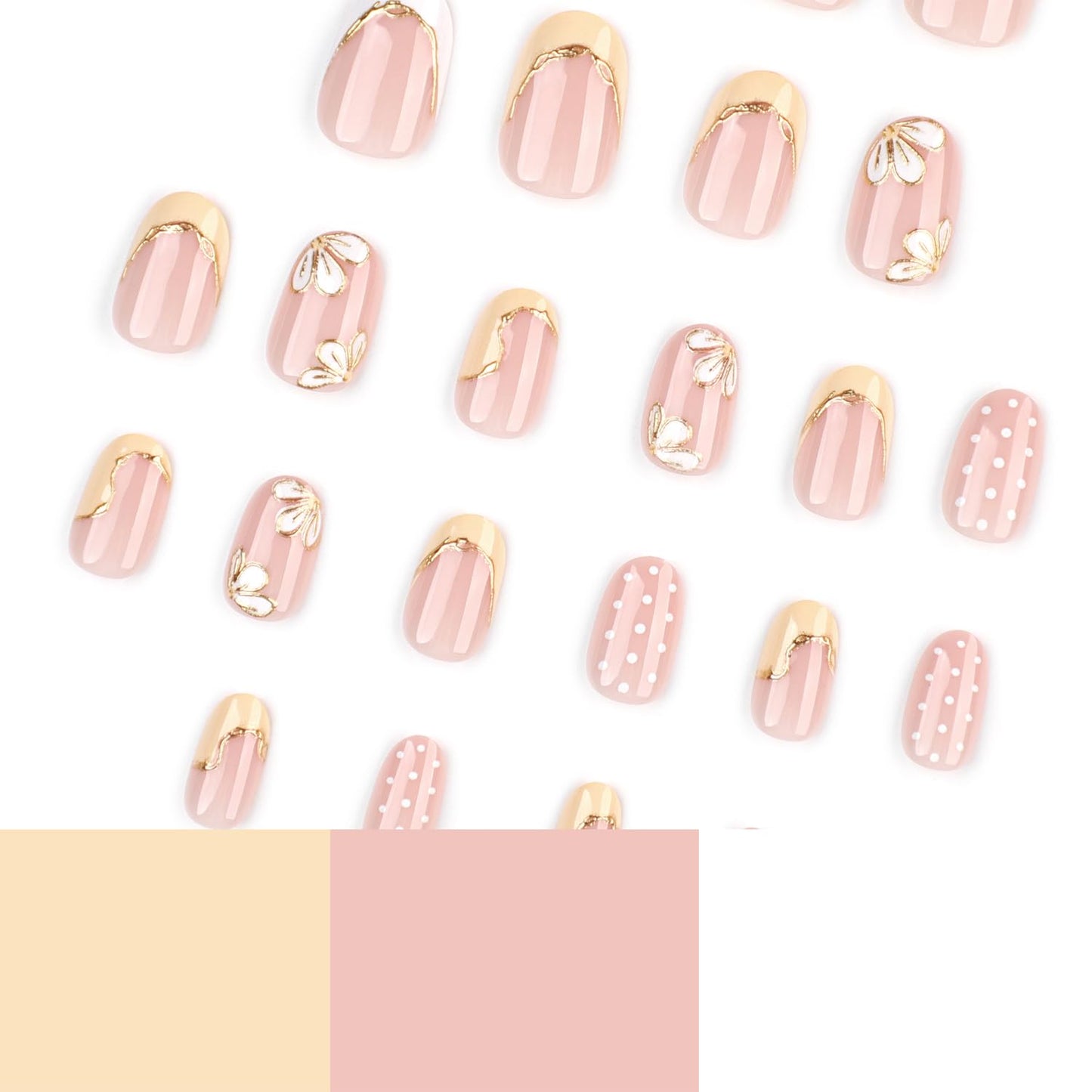Short Oval Press On Nails Nude Pink, Yellow French Tip Fake Nails with Hand Painted Flower and Gold Outline, Cute Polka Dot Glossy Stick On Nails Reusable Full Cover False Nails for Women