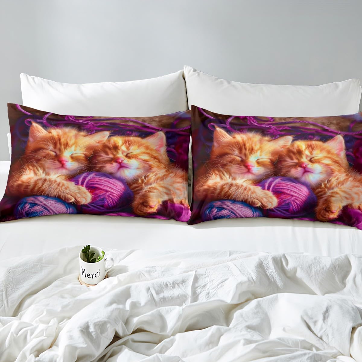 jejeloiu Cats Print Fitted Sheet with 1 Pillowcase Twin Size Purple Bed Sheets Set 16" Deep Pocket Boys Girls Cute Kitten Bedding Animal Teens Bedroom Decor Breathable Lightweight Microfiber