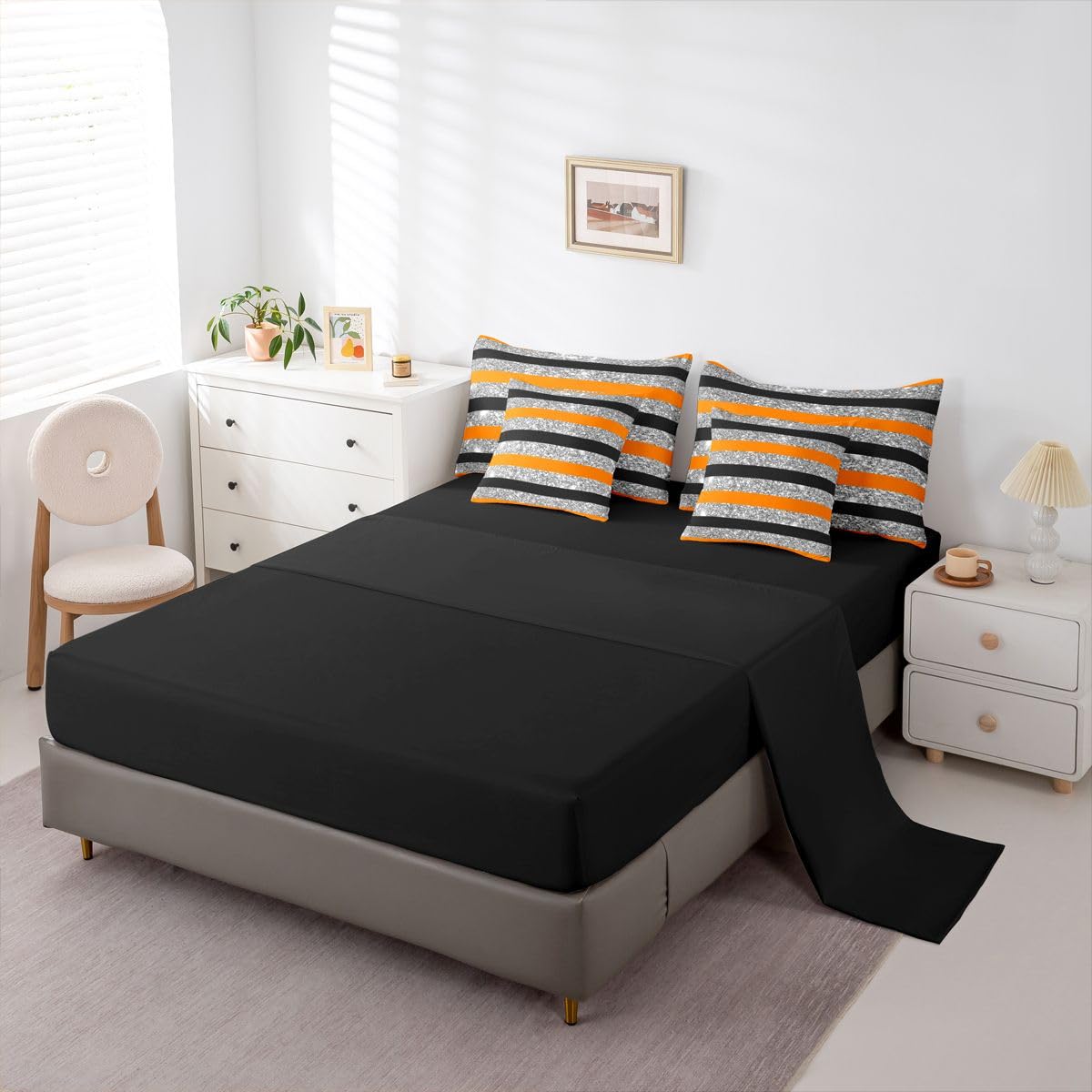 Feelyou Orange Black Comforter Set with Sheets 7 Piece Full Size Stripes Bed in a Bag Kids Boys Girls Glitter Bedding Set Geometric Bedroom Decor Breathable Soft Lightweight Microfiber