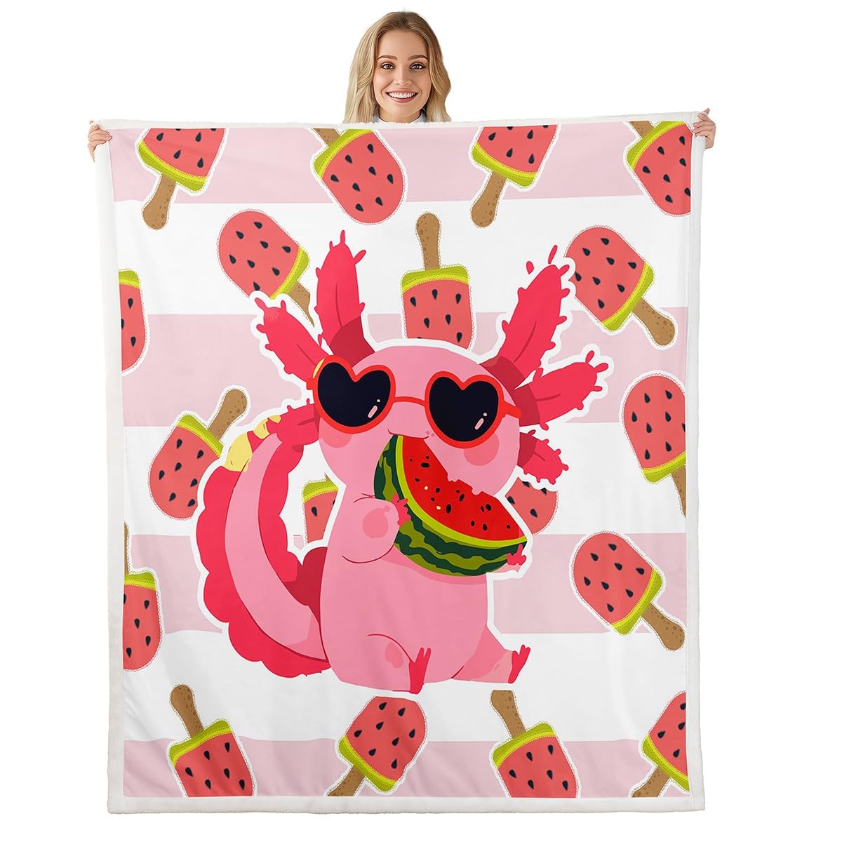 Feelyou Cute Axolotl Sherpa Blanket - Cartoon Watermelon Salamander Fleece Throw - Kawaii Ocean Sealife Plush Gift for Girls Women - Fuzzy for Sofa Bed Couch, 40x50 Inches