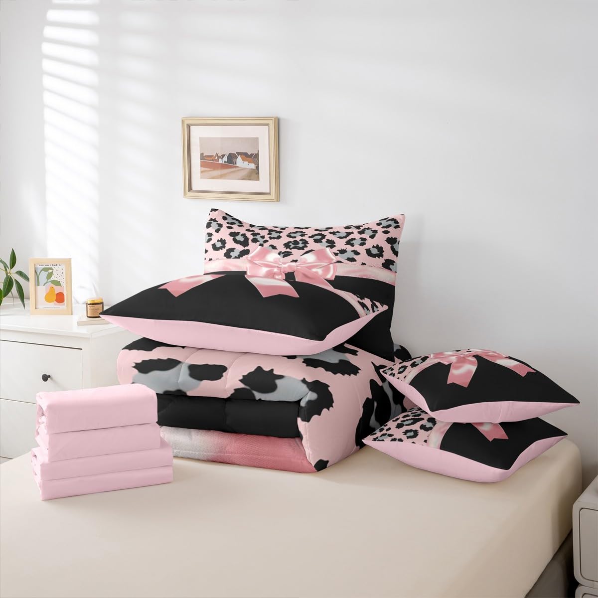 Feelyou Pink Silk Bowknot 7 Piece Bedding Set Queen Size Grey Leopard Comforter Set with Sheets for Kids Girls Women Black Pink Bed in a Bag Sweet Romantic Bed Set