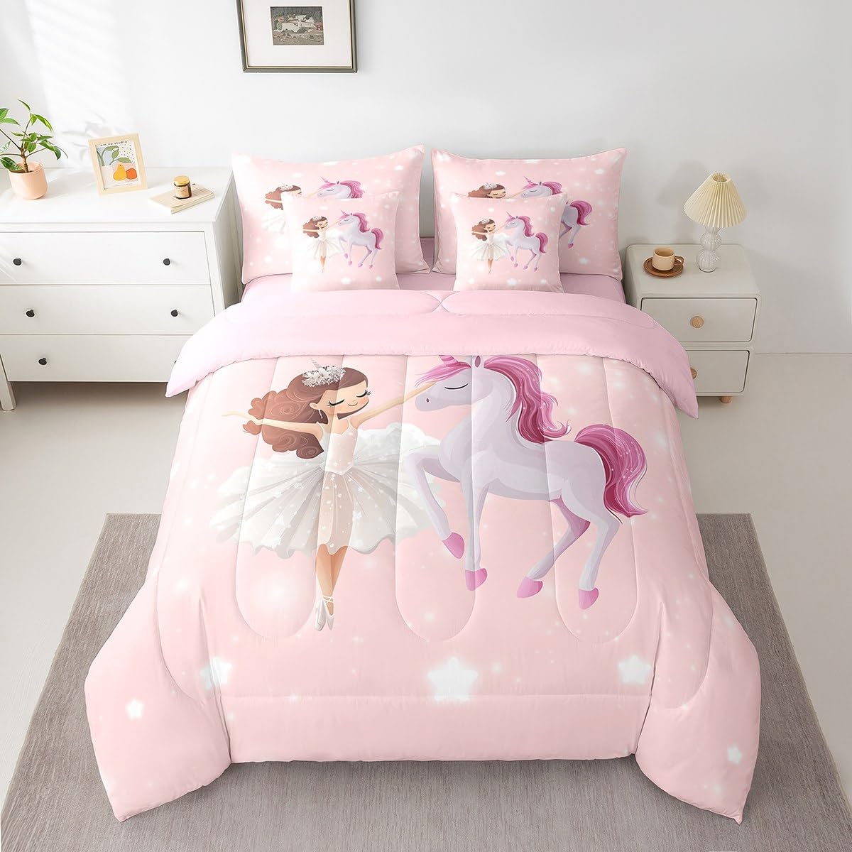 jejeloiu Love Gymnastics Girl Bed Set Dancer 7 Pieces Bedding Set for Kids Unicorn Glitter Bed in a Bag with Comforter, Sheets, Pillowcases Ultra Soft Lamp All Season Breathable Lightweight Twin Size