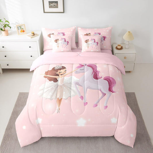 jejeloiu Love Gymnastics Girl Bed Set Dancer 7 Pieces Bedding Set for Kids Unicorn Glitter Bed in a Bag with Comforter, Sheets, Pillowcases Ultra Soft Lamp All Season Breathable Lightweight Twin Size
