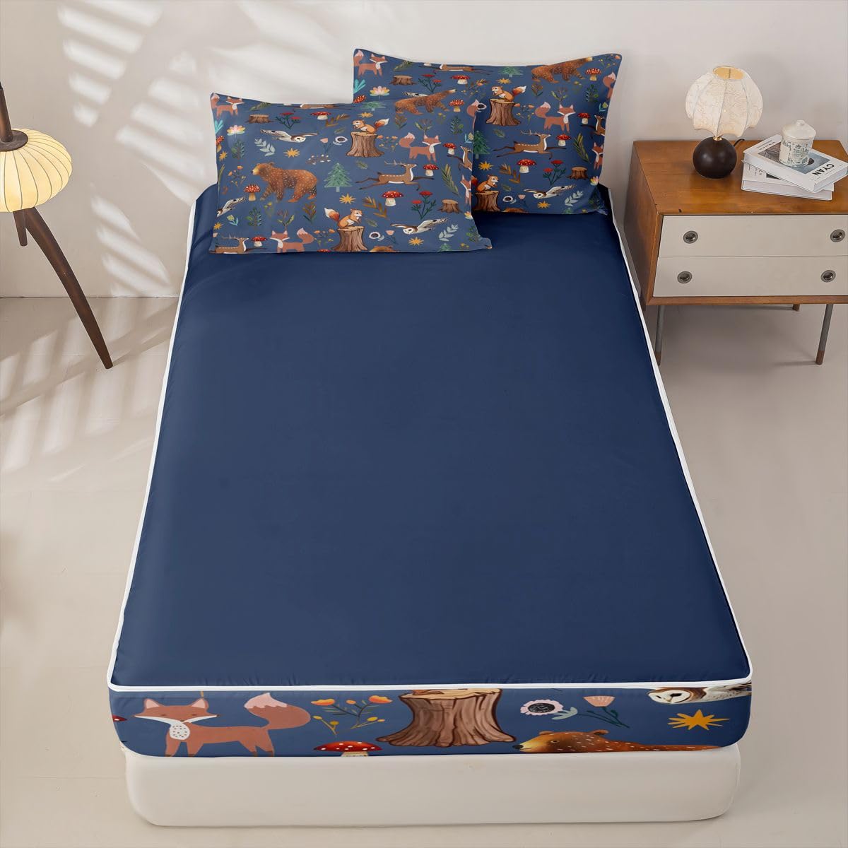 Erosebridal Woodland Animal Zip Up Bedding Set Twin Bear Deer Forest Theme Zipper Comforter Set with Sheets Cartoon Wildlife Hunting Theme Bed in a Bag Rustic Cabin Mushroom Wild Dark Blue Bed Sets