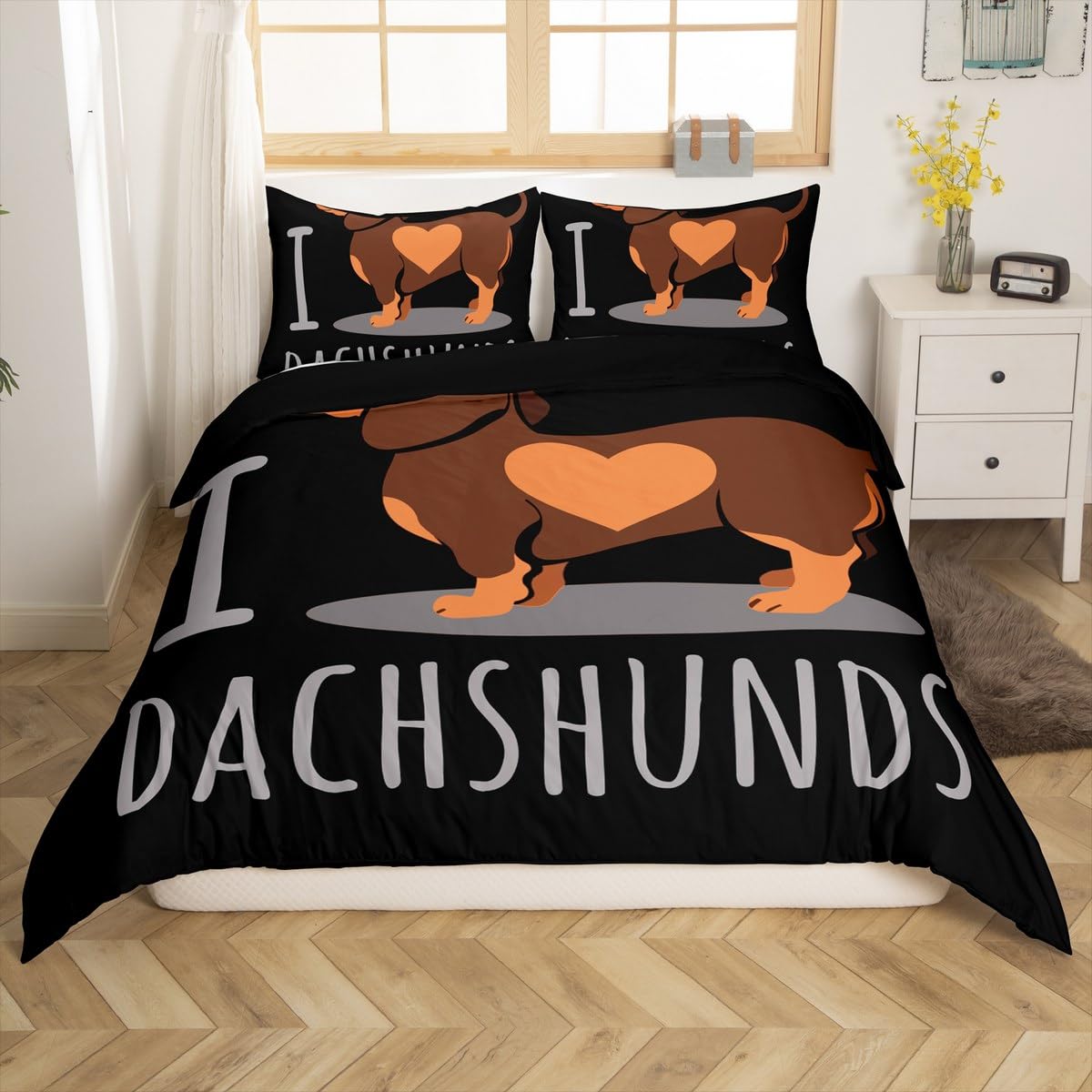 Feelyou Dachshund Sausage Duvet Cover Cartoon Puppy Dog Bedding Set Kids Boys Toddler Weiner Dog Comforter Cover Cute Dachshund Bedspread Bedroom Collection 3Pcs King Size,Black