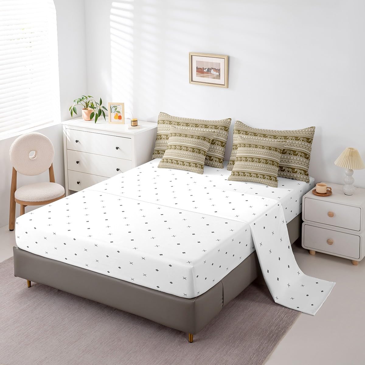 Feelyou Bohemian Elephant 7 Piece Bedding Set Full Size for Kids Boys Girls Teens Toddler Boho Exotic Style Comforter Set with Sheets Brown White Stripe Bed in a Bag Ethnic Elephant Print Bed Set