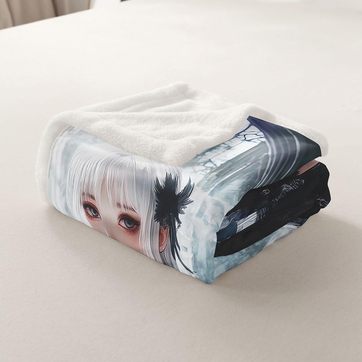 Erosebridal Anime Girl Throw Blanket Twin Size, Kawaii Japanese Anime Fleece Sherpa Blanket for Kids Boys Teens Adult, Cartoon Girl Japan Animation Bedroom Decor, Machine Washable,Black White