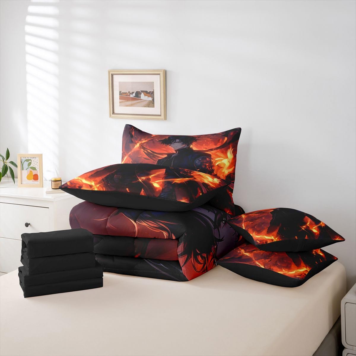 Erosebridal Anime Boy Full Comforter Set 7 Piece,Japanese Anime Bedding Set with Sheets for Boys Teen Kids,Gaming Gamer Bed Set with Fitted Sheet,Flat Sheet,Pillowcases,Throw Pillow Covers