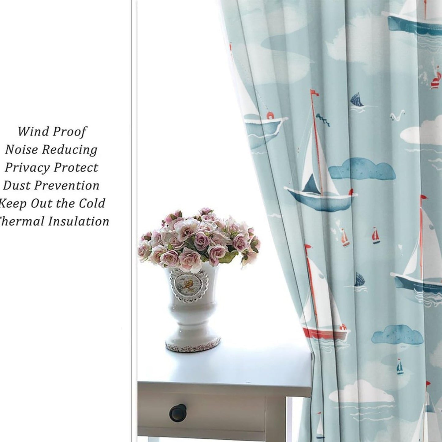 TOWINSFB Cute Cartoon Sailboat Blackout Curtains for Bedroom/Living Room, Funny Ocean Nautical Ship Grommet Curtains Thermal Insulated Window Drapes, 2 Panels, Each 21W x 45L