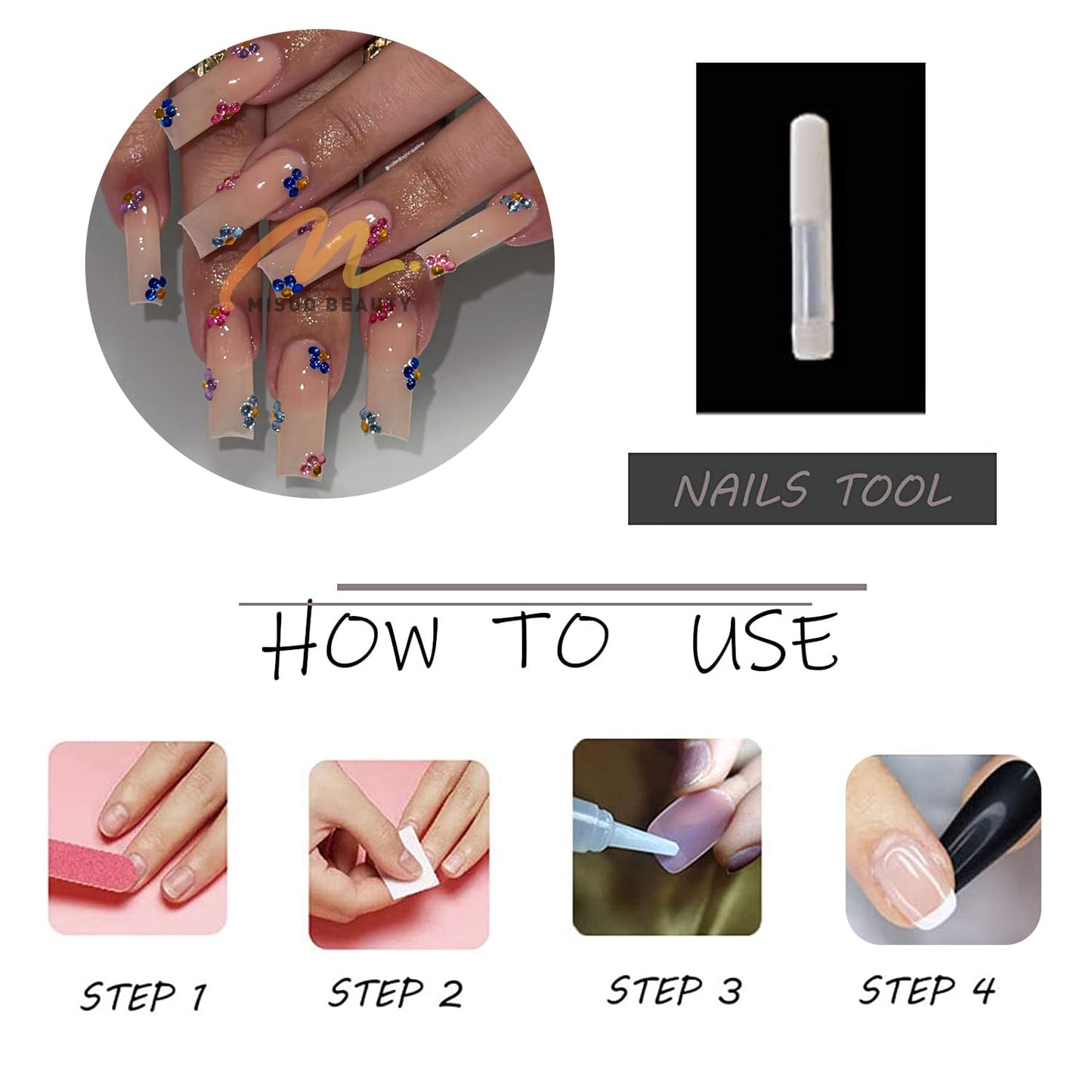 MISUD Press on Nails - Long Square Fake Nails with Nude, Acrylic Rhinestone Design 24 pcs