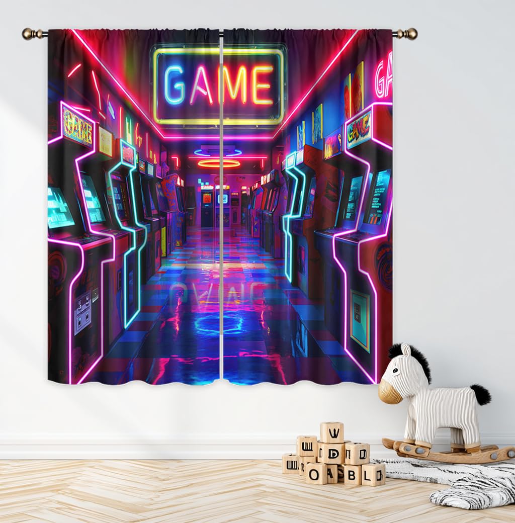 LIGHTINHOME Neon Arcade Game Curtains 42Wx63H Inch Retro Gamer Video Arcade Gaming Cool 80s 90s Window Curtains for Boys Bedroom Kids 2 Panels Rod Pocket Living Room Window Drapes Treatment Fabric