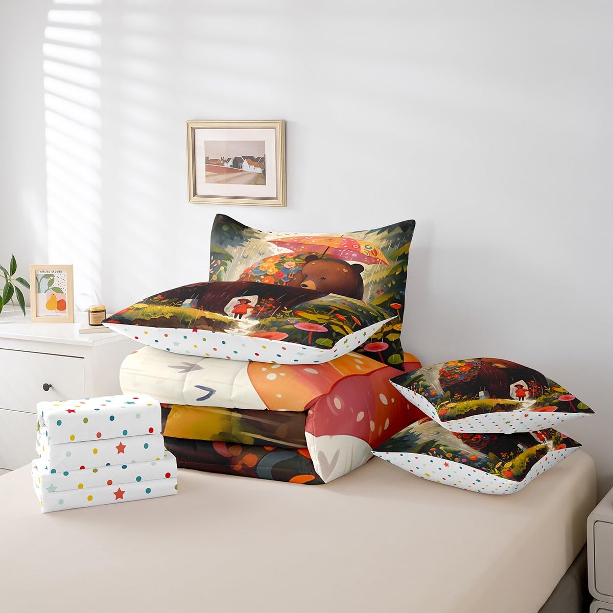 Erosebridal Kawaii Girl Bedding Set King Size, Cartoon Bear Comforter Set, Cute Bear Animals Flowers Kids Teens (Comforter+Fitted+Flat Sheet+2 Pillowcases+2 Throw Pillow Covers) 7 Pieces Bed Set