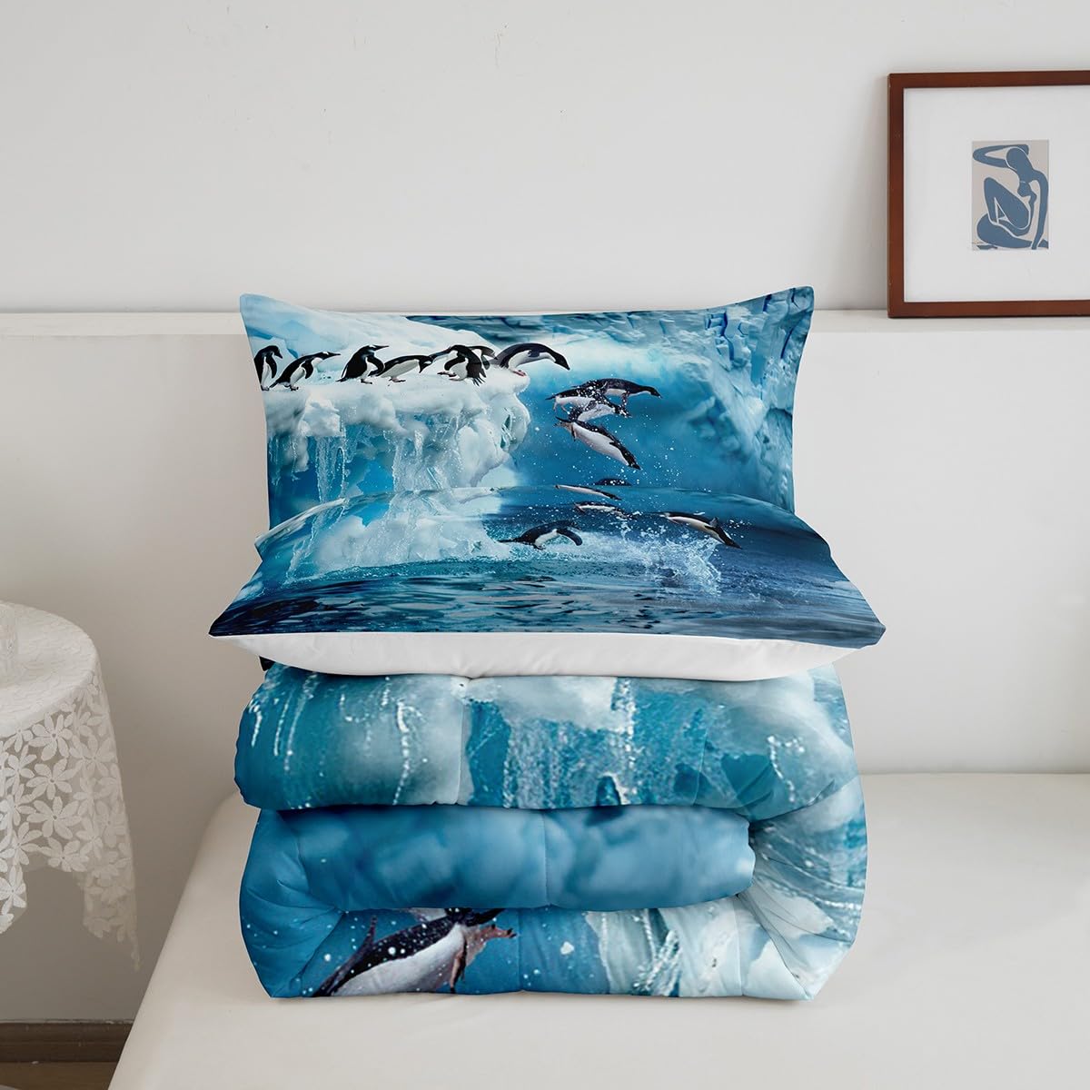 Feelyou Penguin Comforter Queen, 3 Pieces(1 Comforter, 2 Pillowcase), Cute Polar Animal Bedding Set for Boys, Girls, Kids, Teens, Adults