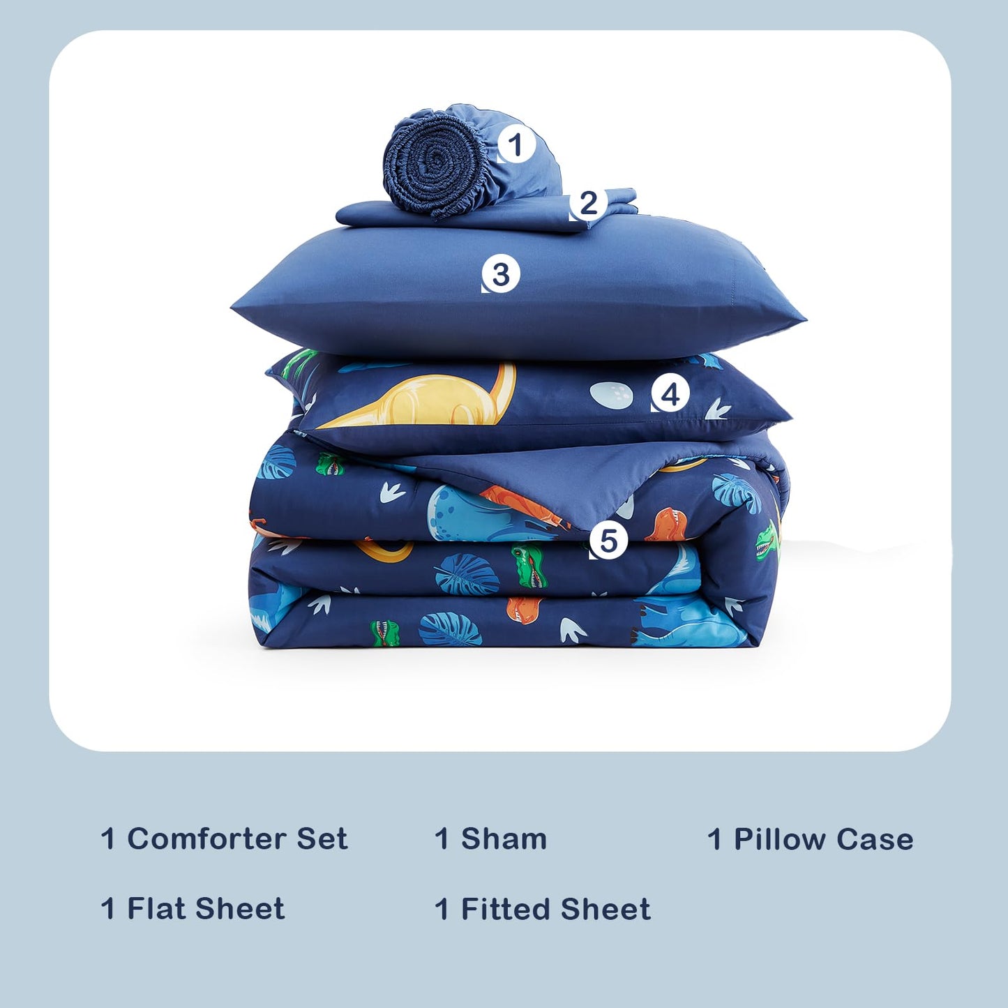 Kaleido Space Twin Comforter Set for Boys Kids - 5 Pieces Navy Dinasour Patterns Twin Bedding Sets for Boys Teen, Soft Cozy Bed in A Bag with Sheets