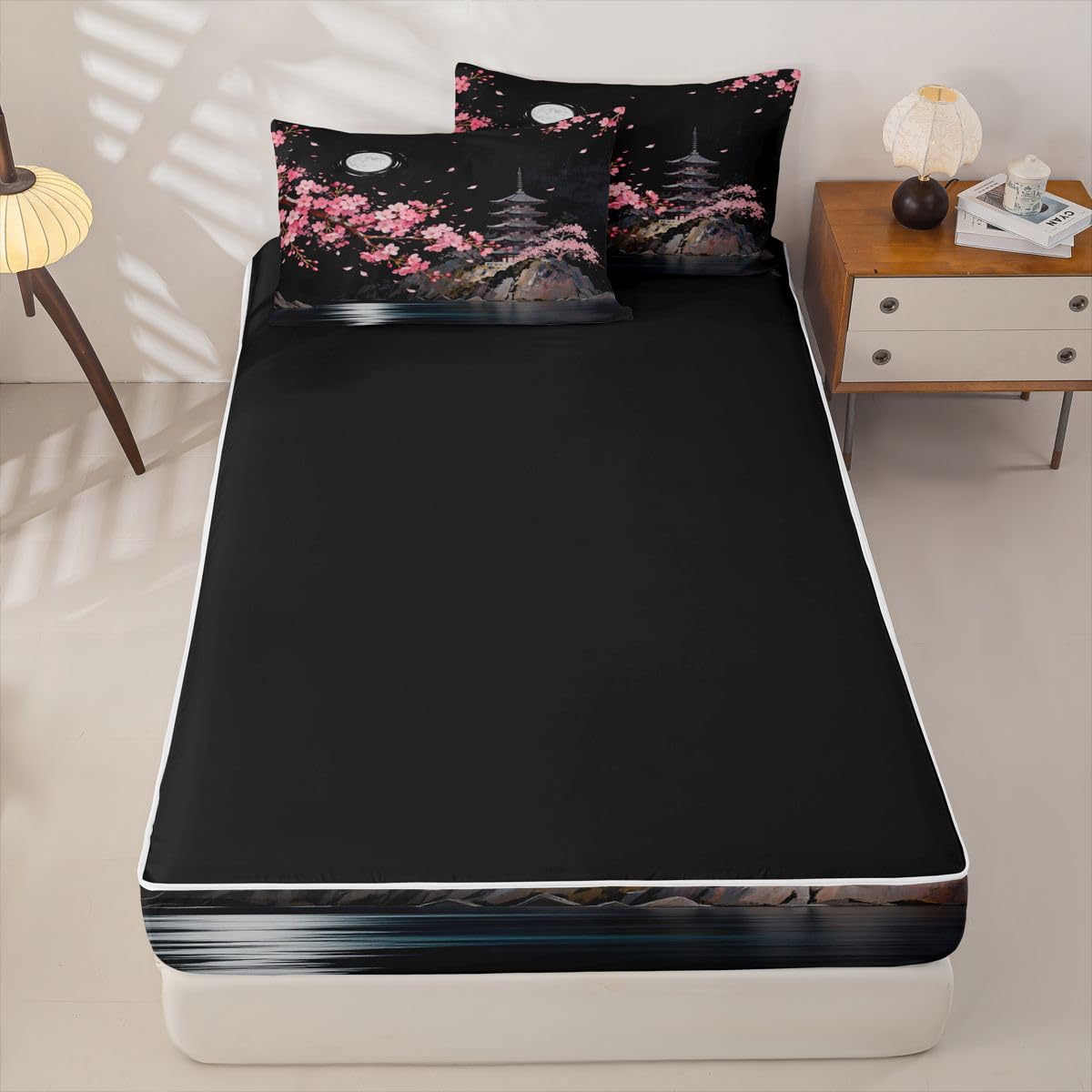 jejeloiu Japanese Style Building View Zipper Bedding Twin Pink Cherry Zipper Bedding Sets for Kids Boys Girls Night Moon Comforter Set with Fitted Sheet and 2 Pillowcases Romantic Exotic Bedroom Decor