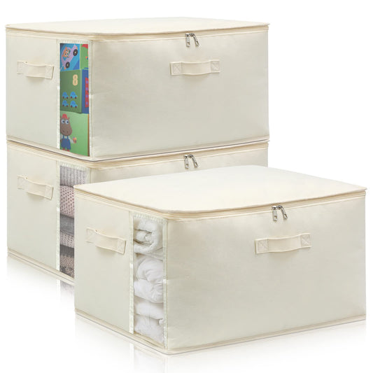Canvas Comforters Bags Closet Organizers and Storage for Quilts Clothes Organization Containers Bins with Sturdy Zipper, Clear Window 75L for Sweaters Blankets Storage Bedroom Collapsible