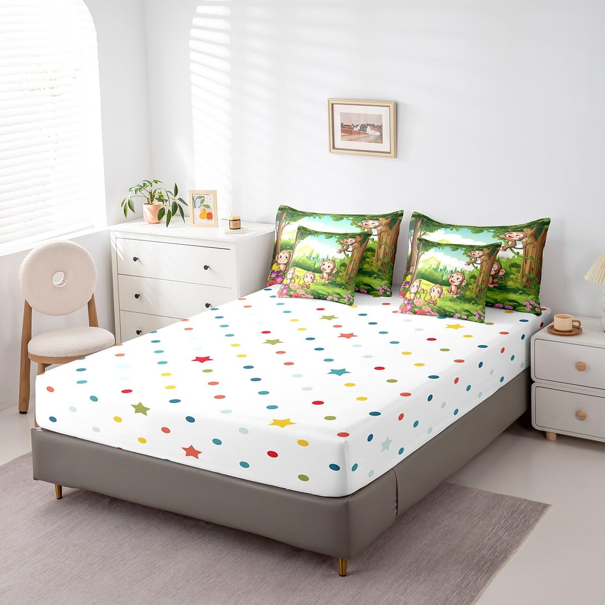 Erosebridal 7 Piece Monkey Bed in a Bag Kids Girls Cute Cartoon Animal Sheet Set Green Nature Plants Floral Decor Bedding Set with Comforter Natural Rustic Garden Theme Cushion Covers, Twin Size