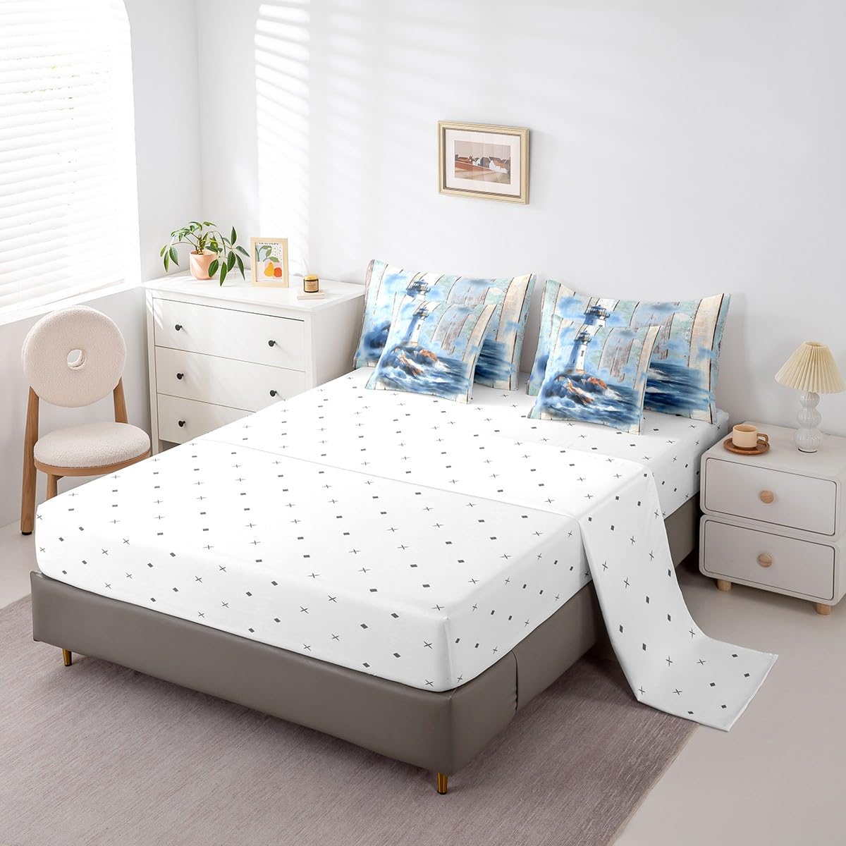 Feelyou Lighthouse Comforter Set 7 Pieces Twin Size Kids, Ocean Sea Rustic Bedding Set Boys Girls, Islands Coastal Bed in a Bag,Comforter + Sheets + Pillowcases + Cushion Covers