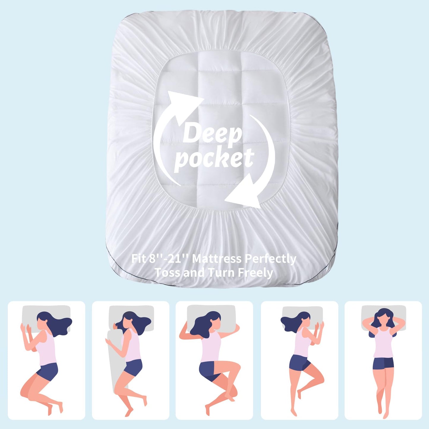 Thick Mattress Topper Queen with Deep Pocket, Extra Pillow Top Mattress Pad, Breathable & Cooling Mattress Cover, Fits 8-21 Inch, Soft Support for Back Pain Relief, Mattress Protector (Queen, White)