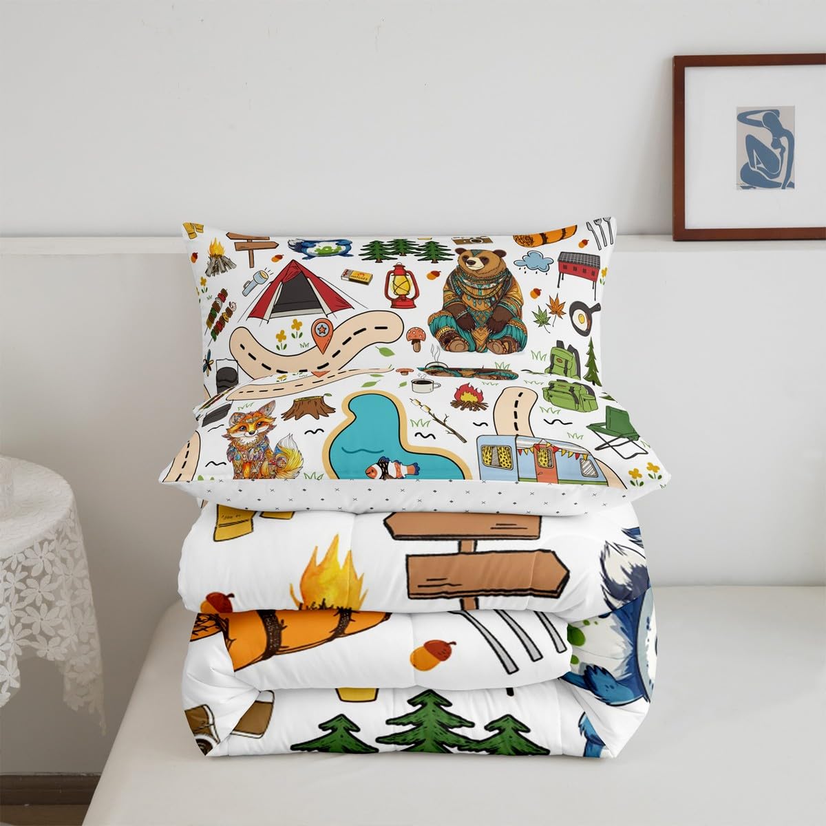 Feelyou Camping Adventure Bedding Set,Kids Boys Girls Full Size Cartoon Animal Tent Mountain Tree Comforter Set,Ultra Soft Camping Bonfire Outdoor Activities Comforter,Art Printed Duvet Quilt,Quilt
