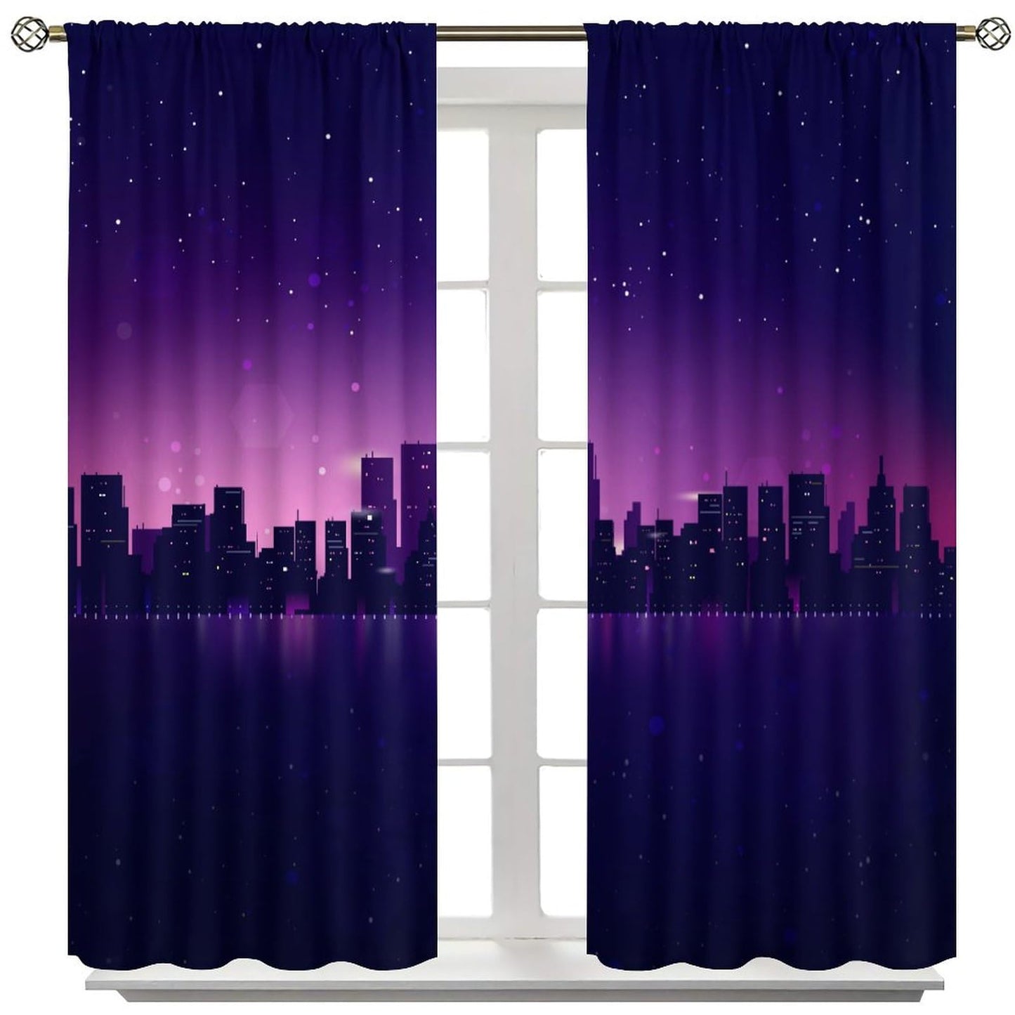 DDCBNS City Skyline Blackout Curtains,Midnight Cityscape Purple Urban Starry Sky Printed Curtains for Bedroom Living Room,Window Drapes 2 Panel Set for Kitchen Décor,Total Size 42" x 45"