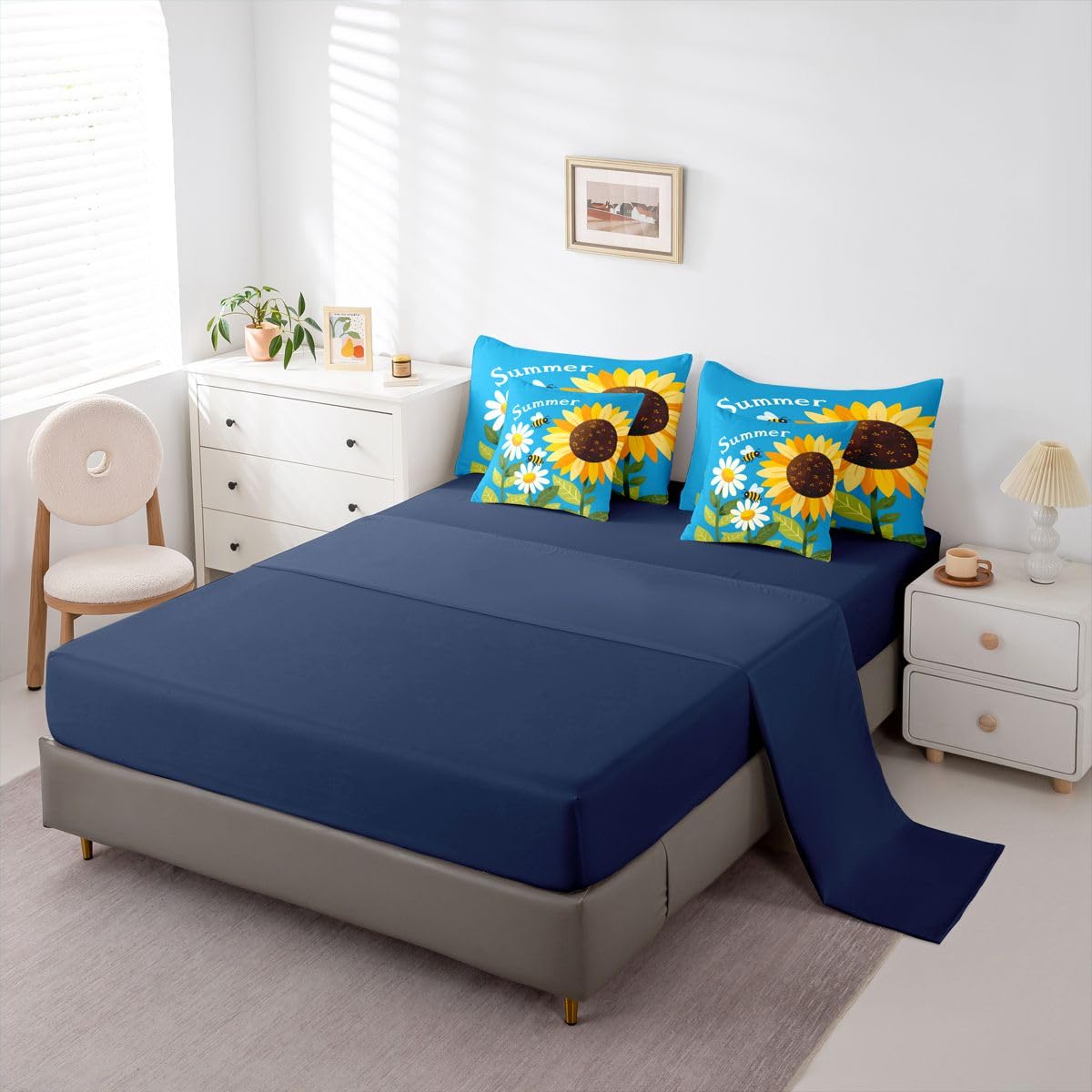 Erosebridal Sunflower Bee Queen Bedding Set Blue Yellow Green Cartoon Daisy Comforter Set Kids Boys Girls Vibrant Summer Floral 7-Piece Bed in a Bag Cheerful Garden Art Quilt Sets