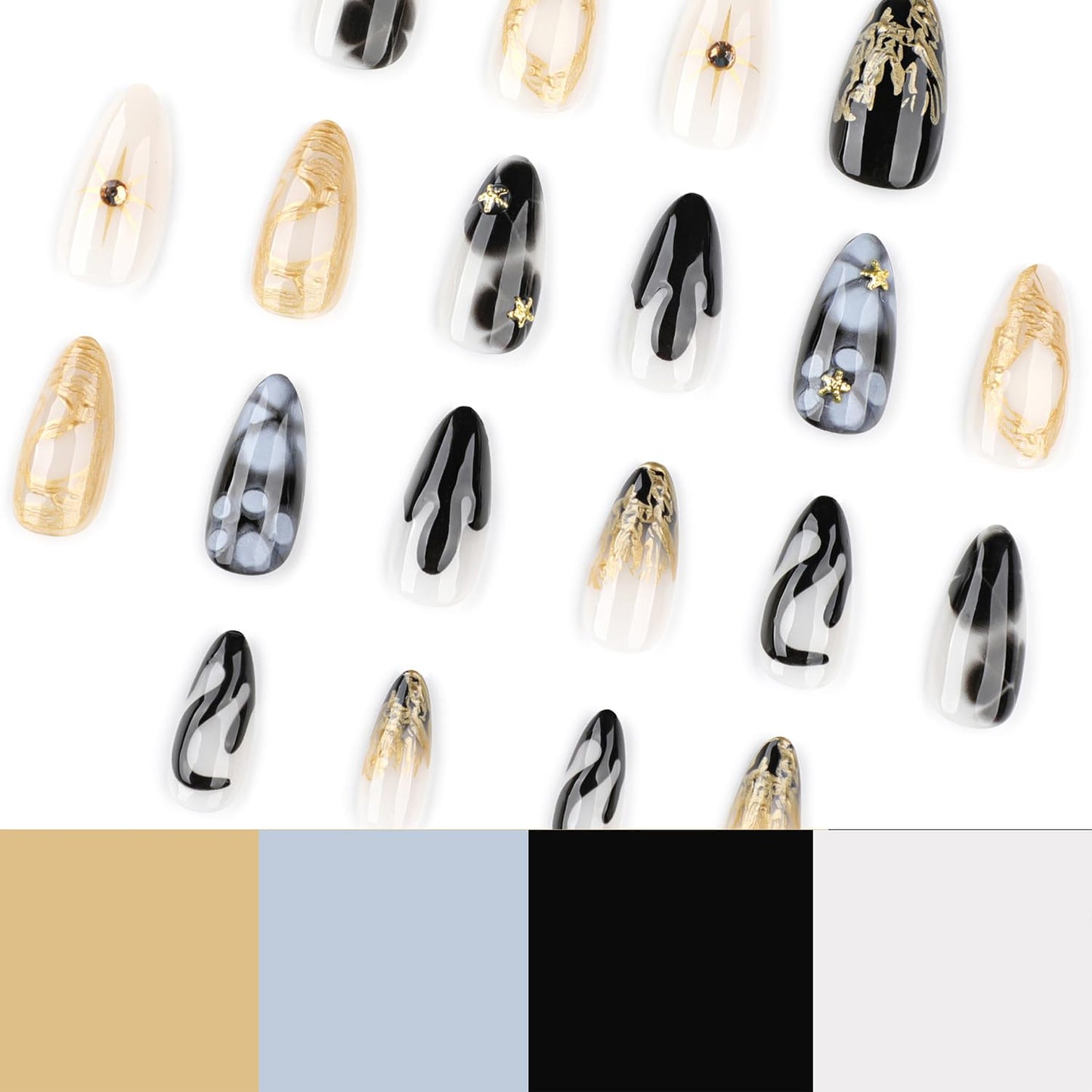 Black Press on Nails Short Almond Fake Nails with 3D Star Rhinestones Gold Stripes Designs Glossy Flowers Glue on Nail Reusable Artificial Acrylic Full Cover Stick on False Nail for Women 24Pcs