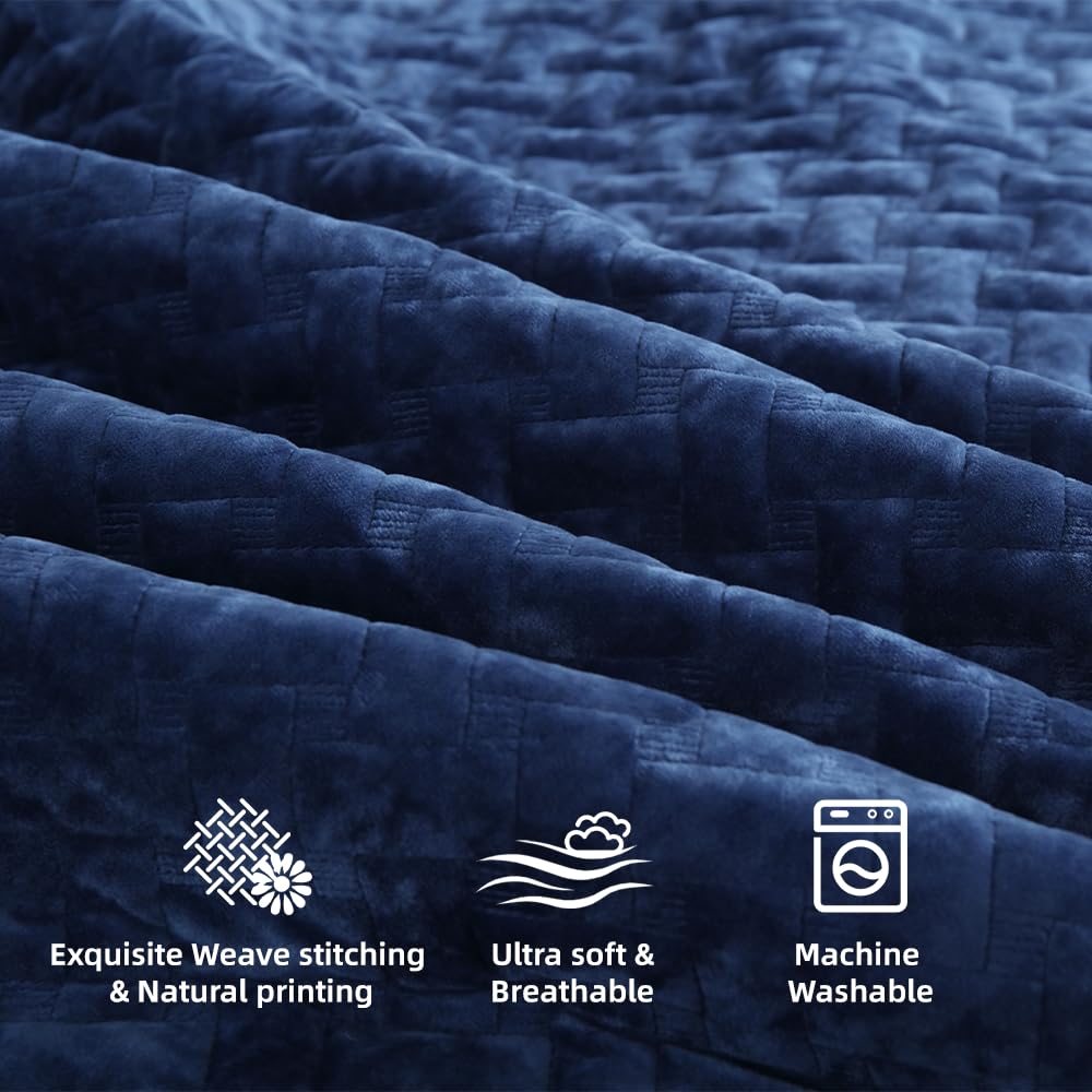 Liians Velvet Bedspread Quilt Bedding Sets,Luxury Elegant Ultra Soft Velvet Comforters Coverlet Blankets,Weave Stitching Pattern Cotton Quilted Bedspread for All Seasons,Navy Blue,King Size