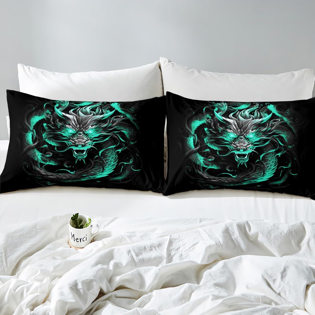 Dragon Fitted Sheet Queen Size,Blue Green Flame Dragon Bed Sheets for Kids Boys Men Adult Bedroom Decor,Magical Wildlife Animals Bedding Set Luxury Cool Deep Pocket Sheet 3Pcs,2 Pillowcases