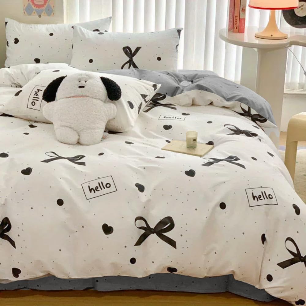 Sedefen Bow Duvet Cover Queen Size Heart Bows Printed Duvet Cover Set 3 Pcs Kids Girls Cute Love Pattern Dot Reversible Bedding Set with Zipper Ties Soft Breathable Microfiber