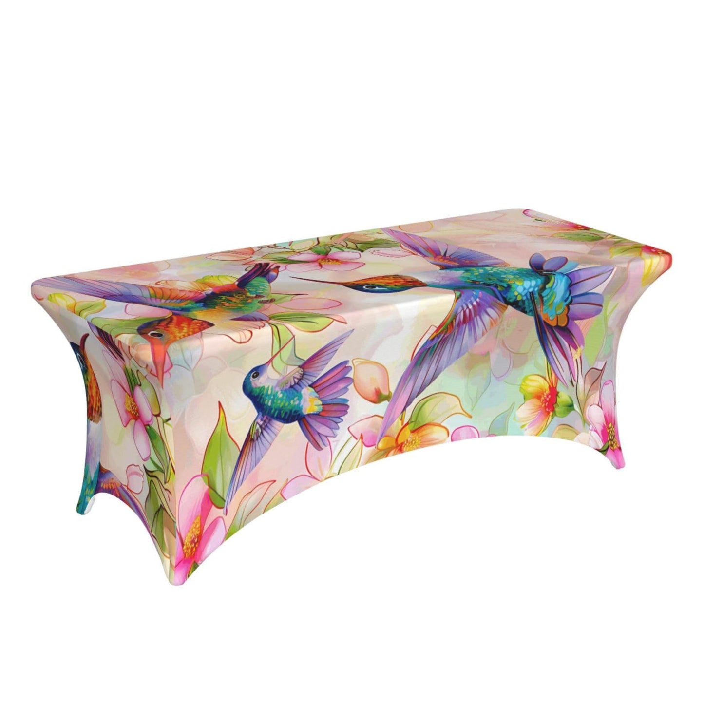 Ginfult Table Cloth Colorful Hummingbird Cherry Blossom Fitted Tablecloth for 6 Foot Rectangle Tables Stretch Table Cover for Party Picnic Wedding