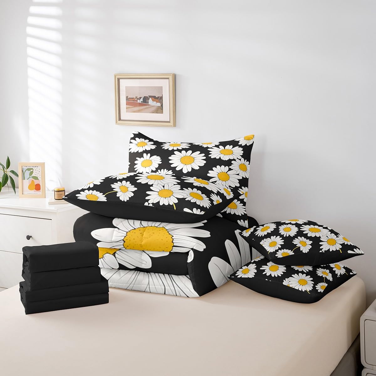 Erosebridal Daisy Floral Comforter Set 7 Piece Bed in a Bag Twin,Fashion Flowers Bedding Sets Abstract Blossom Theme Comforter and Sheet Set,Rustic Aesthetic Plant Bed Set