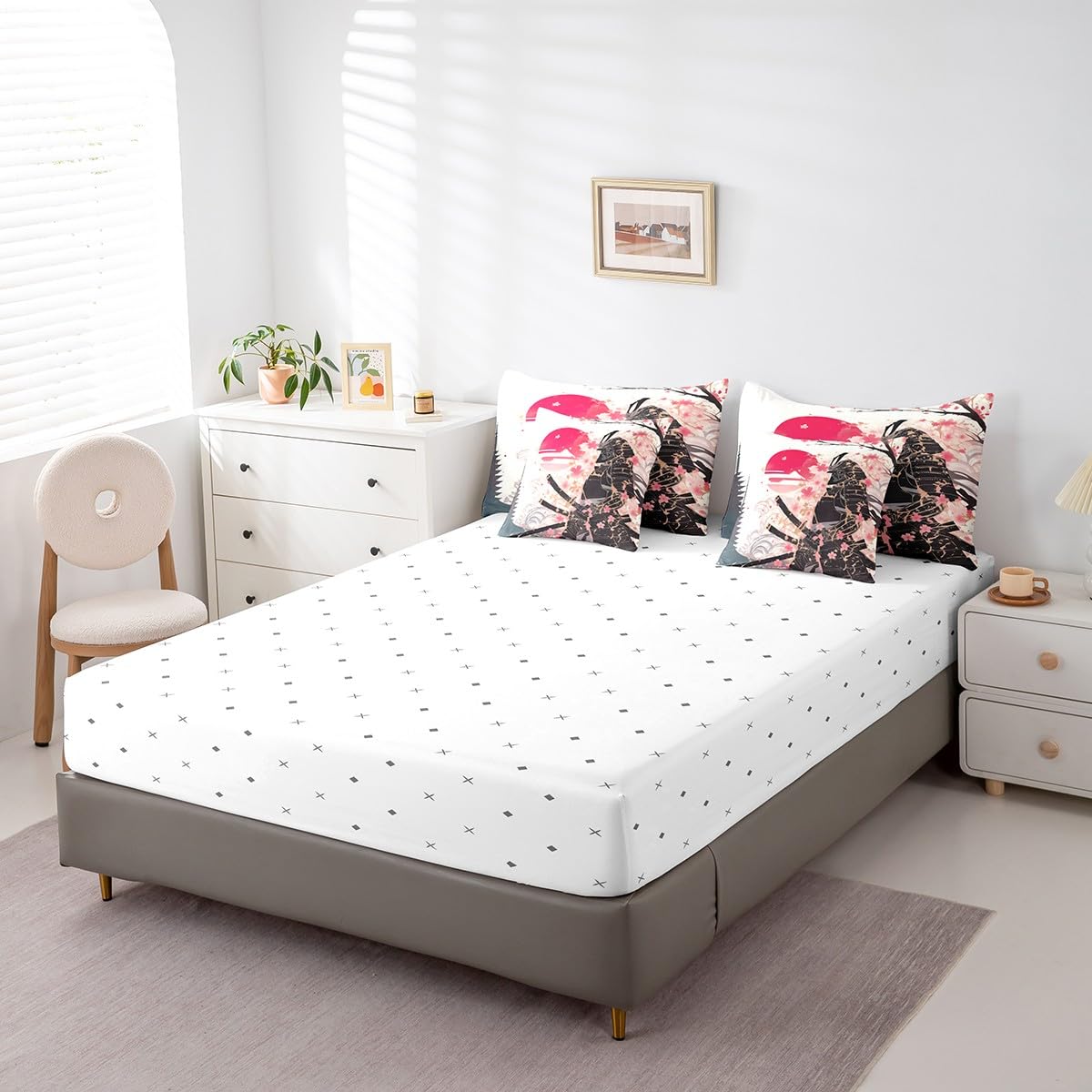 Erosebridal Japanese Samurai Queen Comforter Set,Pink Cherry Blossom Bedding Set with Sheets,Oriental Theme Bed Set 7 Piece for Kids Boys Men,Aesthetic Floral Bed in a Bag with Fitted+Flat Sheet