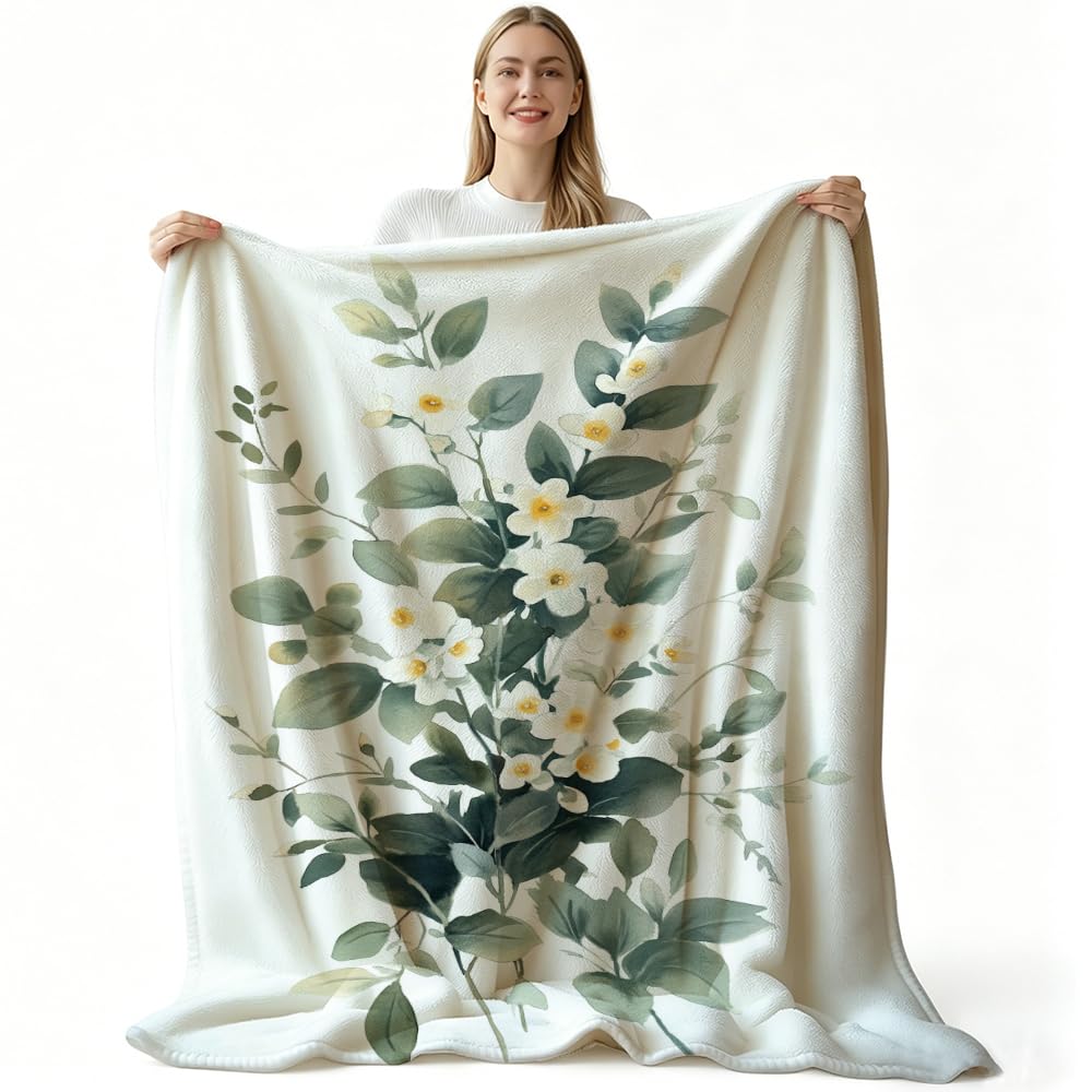 HUNXIAOJ Botanical Throw Blanket Green Leaves Blanket Plant and Floral Decor Botanical Bedding Warm Soft Flannel for Bed Sofa Couch (49in x 59in)