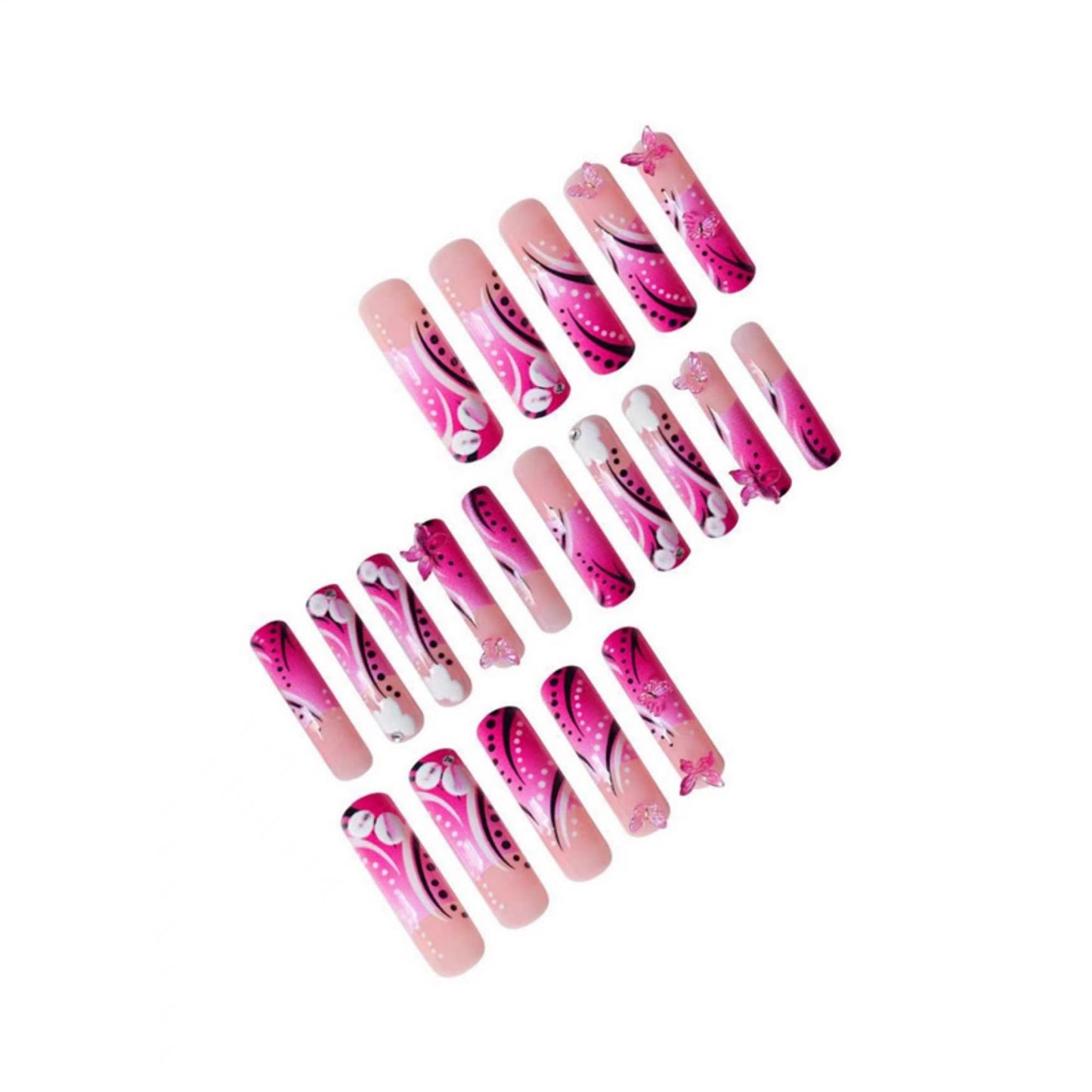 Curved Press on Nails Long Fake Nails Pink Artificial Nail Floral and Rhinestones Designs Stick on Nail for Women 24pcs