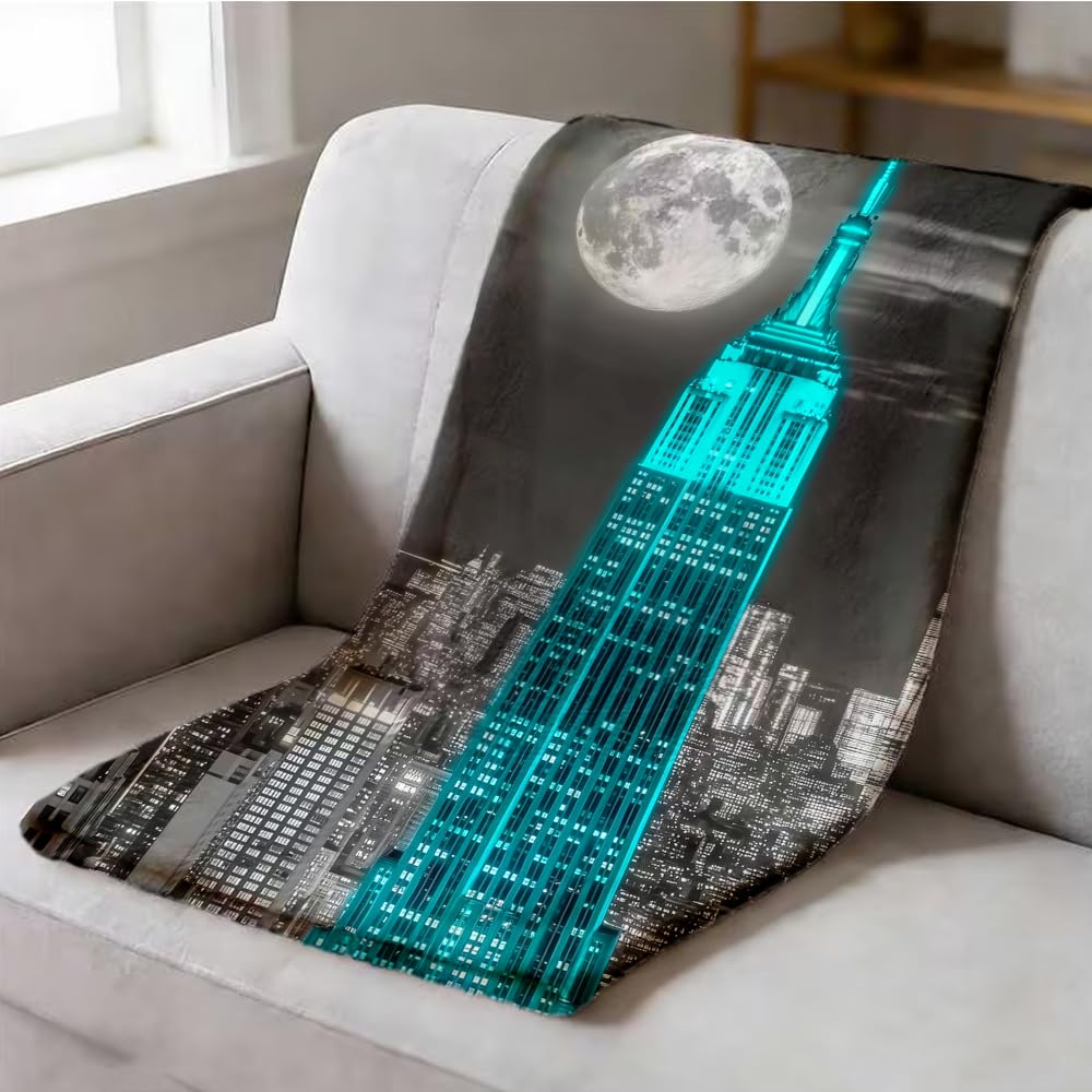 ZHOUSHUTONG New York City Throw Blanket Blue Empire Building Flannel Teal Skyscraper Print Blanket Modern Moon Cityscape Plush Throw Urban Night View Decor for Living Room Bedroom Office Home 49"x59"