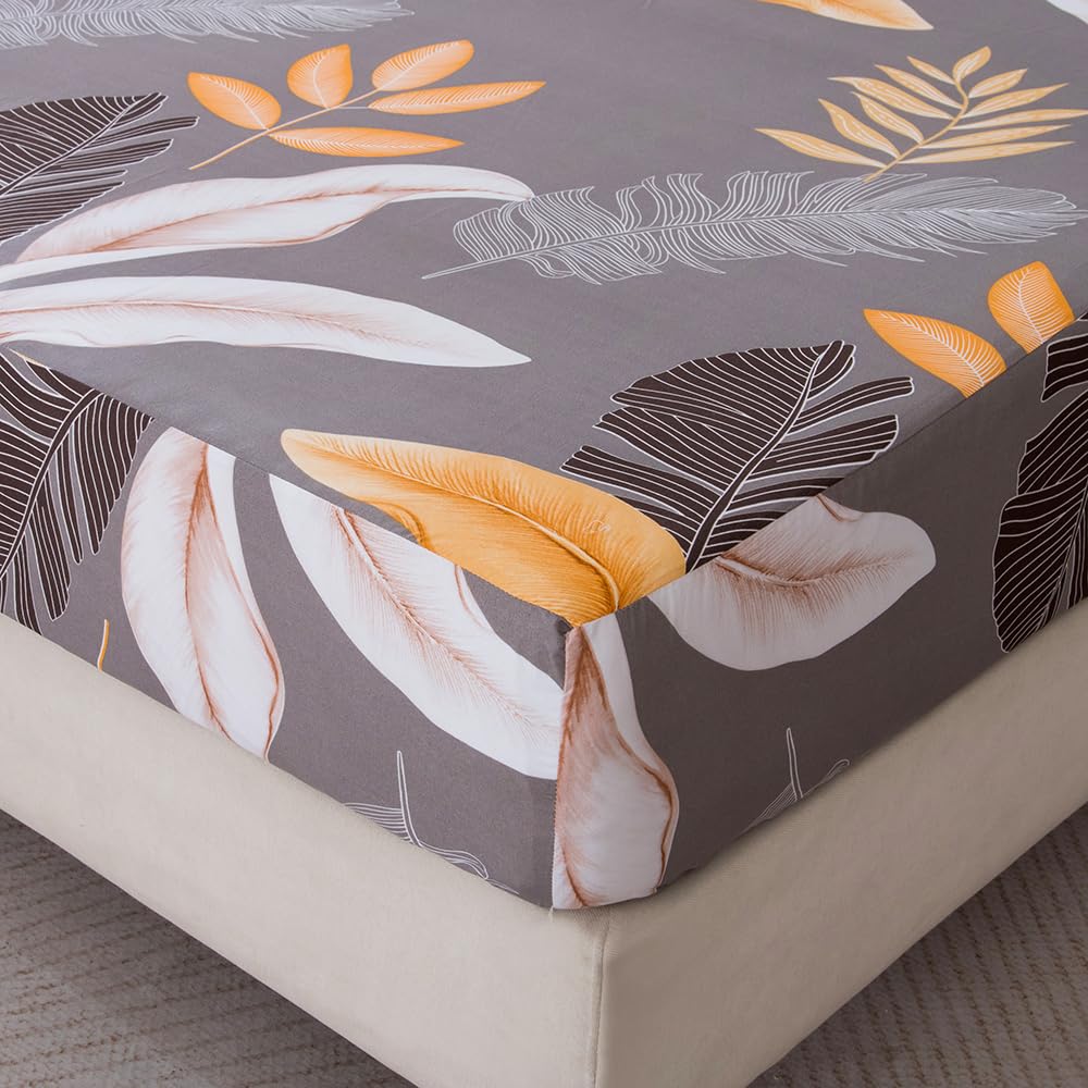 NATURETY Bedding Fitted Sheet with Deep Pocket,Grey Leafs Printed Thicken Fabric Bed Sheets (Light Gray, Queen)