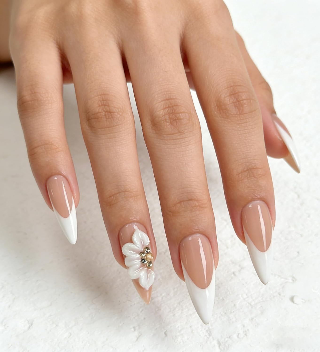 White French Press on Nails Long Stiletto False Nails with 3D Flower Designs Handmade Fake Nails Handmade Muti-Layer Gel Acrylic Full Cover Stick on Nails for Women（Size M)