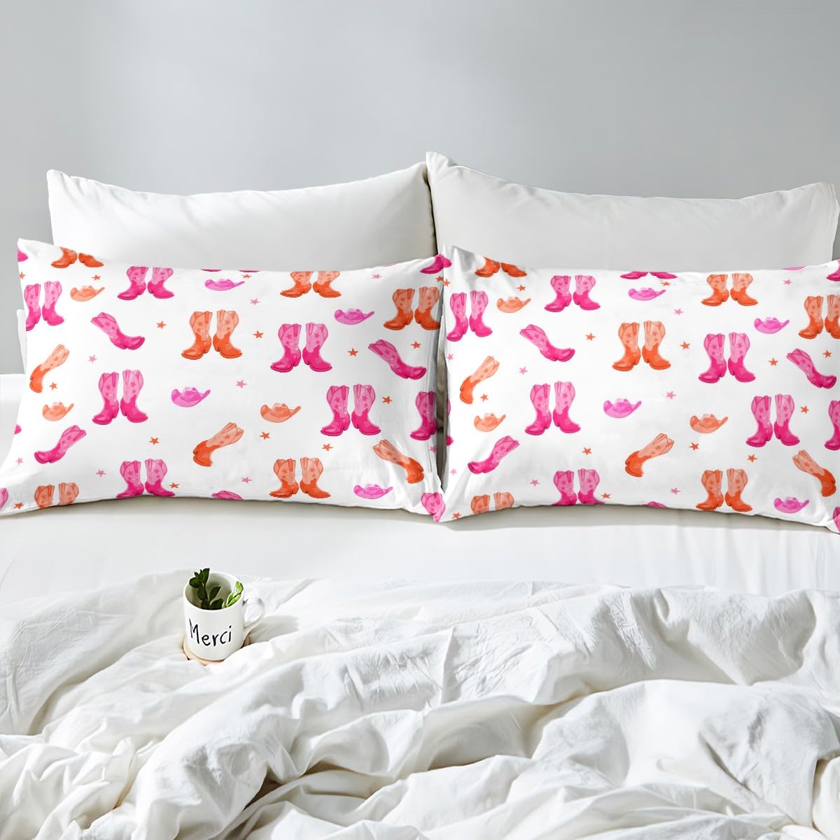 Feelyou Pink Howday Sheet Set Boys Girls Riding Boots Sheets with Deep Pocket Fitted Sheet Queen Size Western Decor Bed Sheets Set Farmhouse Cowboy Hat Bedding Set Wild Western Cowboy Bed Set 4Pcs