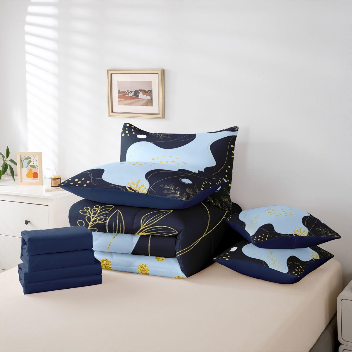 Erosebridal Black and Blue Twin Comforter Set with Sheets Mid Century 7-Piece Bedding Set Modern Abstract Bed in a Bag, Boho Geometric Bed Sets