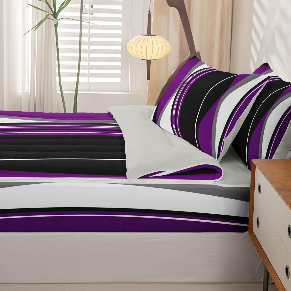 Erosebridal Purple Black Abstract Zipper Bedding Grey Modern Striped Twin Size Comforter Set Geometric Stripes Lines Sheets and Pillowcases Contemporary Art Boho Zipper Bedding Set Room Decor