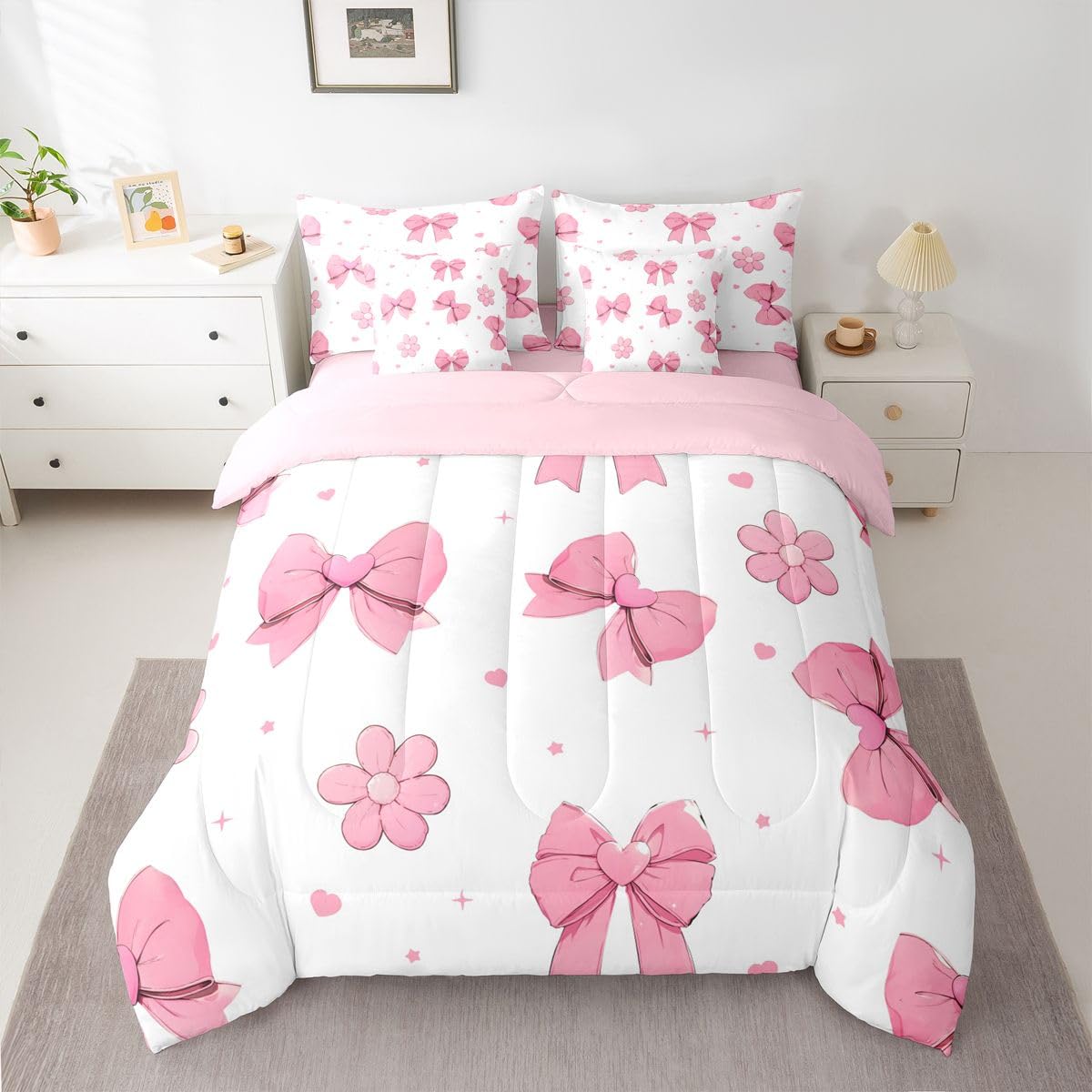 Erosebridal Pink Bows King 7 Piece Comforter Set for Girls Bedroom Bowknot Bedding Set Bed in A Bag Dreamy Coquette Bow Bed Set Girly Ribbon Heart Flowers Quilt Comforter with Sheets