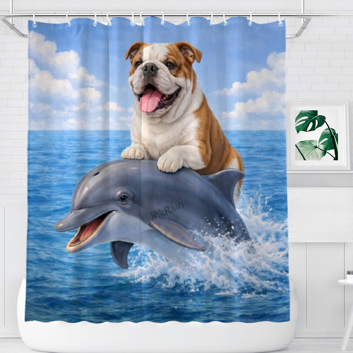 InkRain Ocean Bulldog Shower Curtain with 12 Hooks Cute Puppy Riding Dolphin Bathroom Decor Waterproof Polyester Fabric Coastal Beach Bath Curtain 72x72 Inch