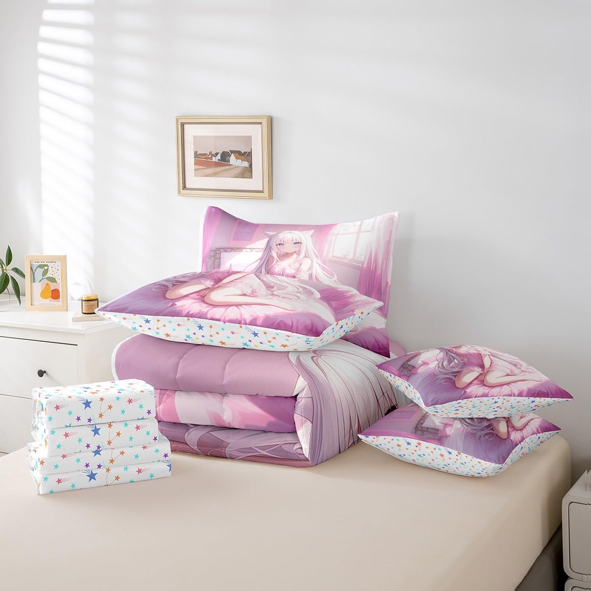 Erosebridal Twin Size Japanese Anime 7 Piece Comforter Set, Anime Girl Bedding Set Kawaii Japanese Style Bed in A Bag Cartoon Japan Animation Sheet Set for Boys Teen Adult Women Bedroom,Pink