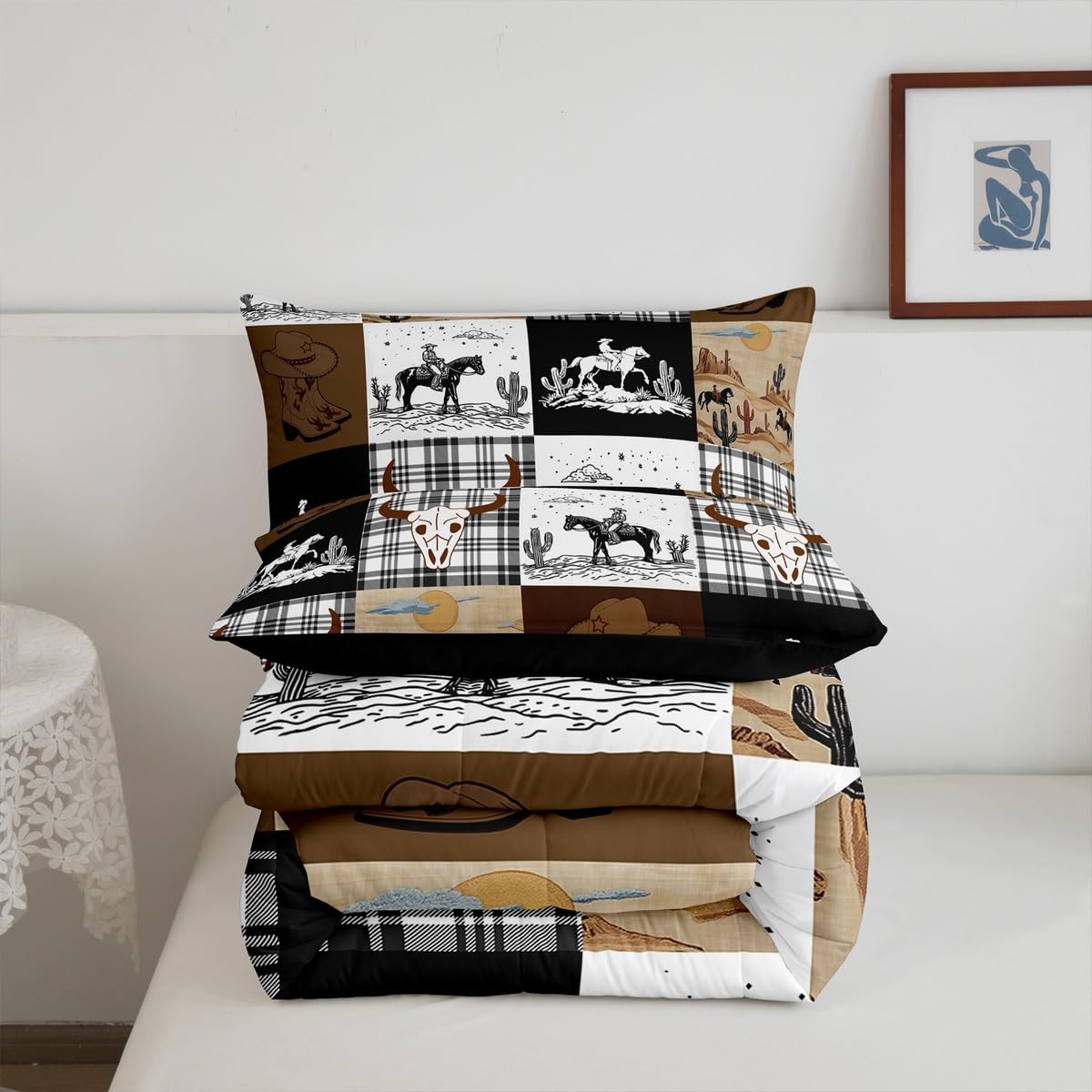 Erosebridal Boho Horse Skull Bull Bedding Set Twin, Western Cowboy Country Hunting Comforter Set, Exotic Wild Animal Plaid Check Adventure Comforter, Southwestern Rustic Farmhouse Quilt