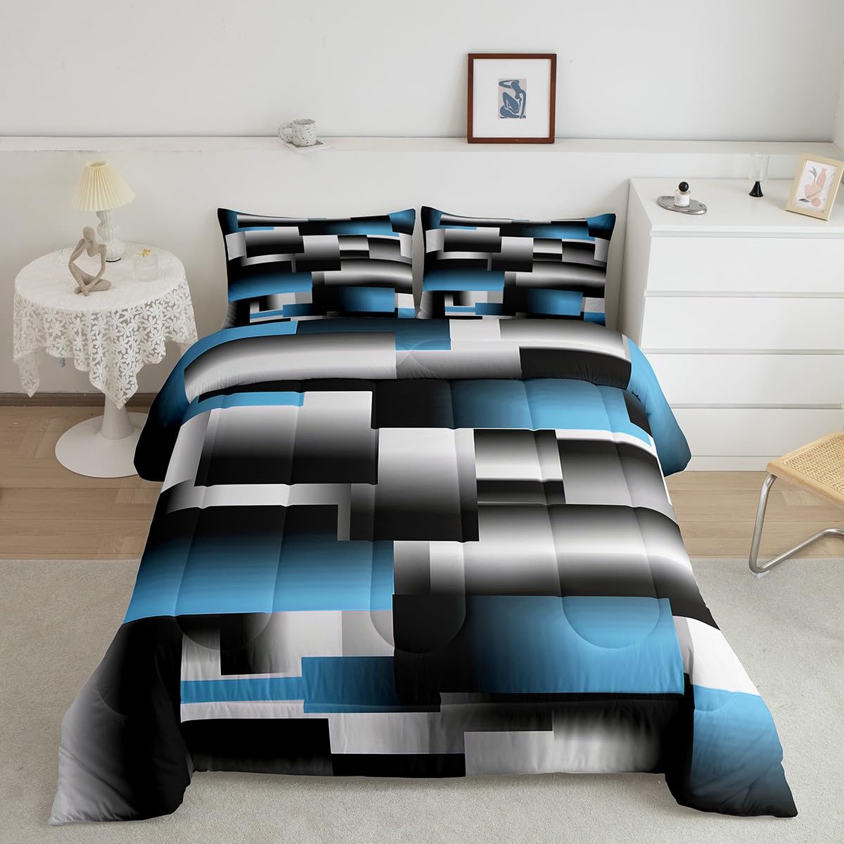 Feelyou Black Blue Geometric Comforter Set Kids Rendering Abstract Art Comforter for Women Men Rectangle Bedding Set Modern Duvet Set Room Decor Quilt Queen Size Boys