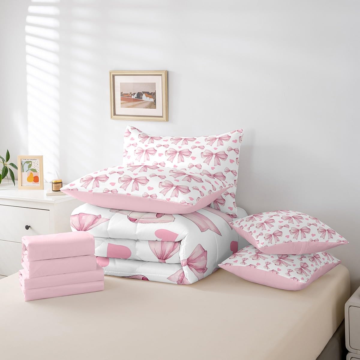 Erosebridal 7 Piece Pink Bowknot Kids Comforter Set King Bed in a Bag,Dreamy Princess Style Girls Bedding Set,Teens Romantic Love Heart Pattern Duvet Insert,Geometric Heart Bow Valentine Sheet Set