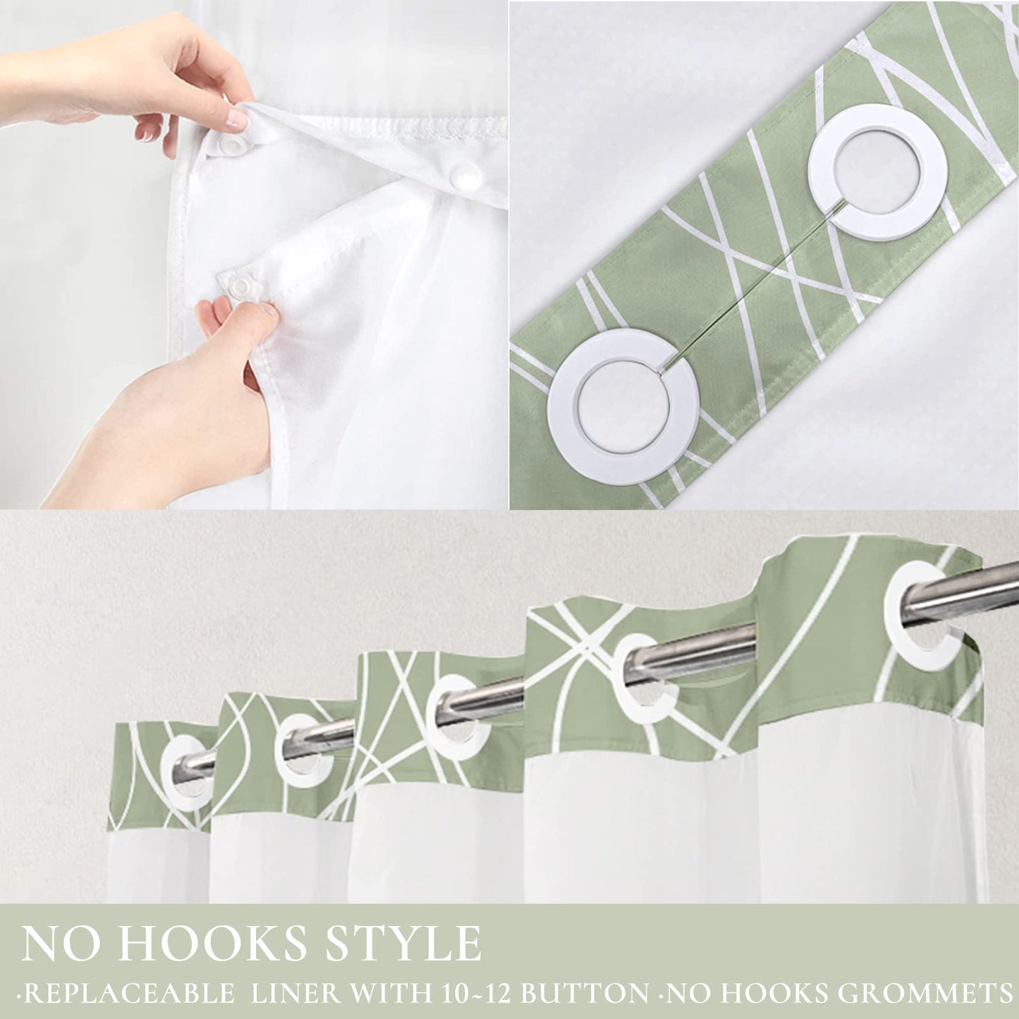 Tititex No Hooks Snap in Liner Abstract Curve Lines Sage Green White Shower Curtain, Hotel Luxury Double Layers Without Hooks Waterproof Fabric & See-Through Top Window Bathroom 71x71 Inch