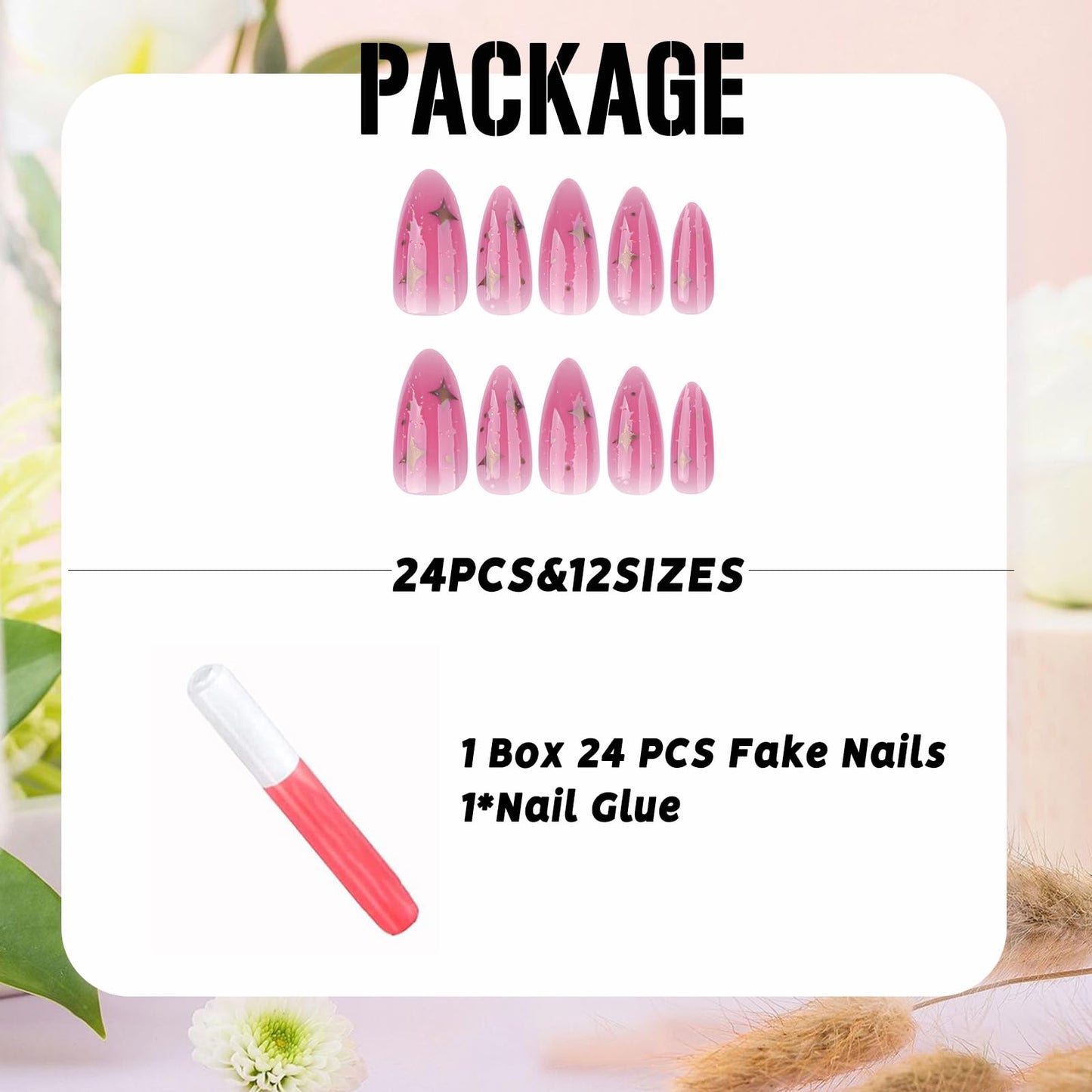 IMSOHOT Pink Press on Nails Medium Almond Fake Nails with Golden Star Designs Full Cover Glossy Acrylic False Nails Finger Manicure for Women Girls Ombre Cute Glitter Glue on Nails 24Pcs