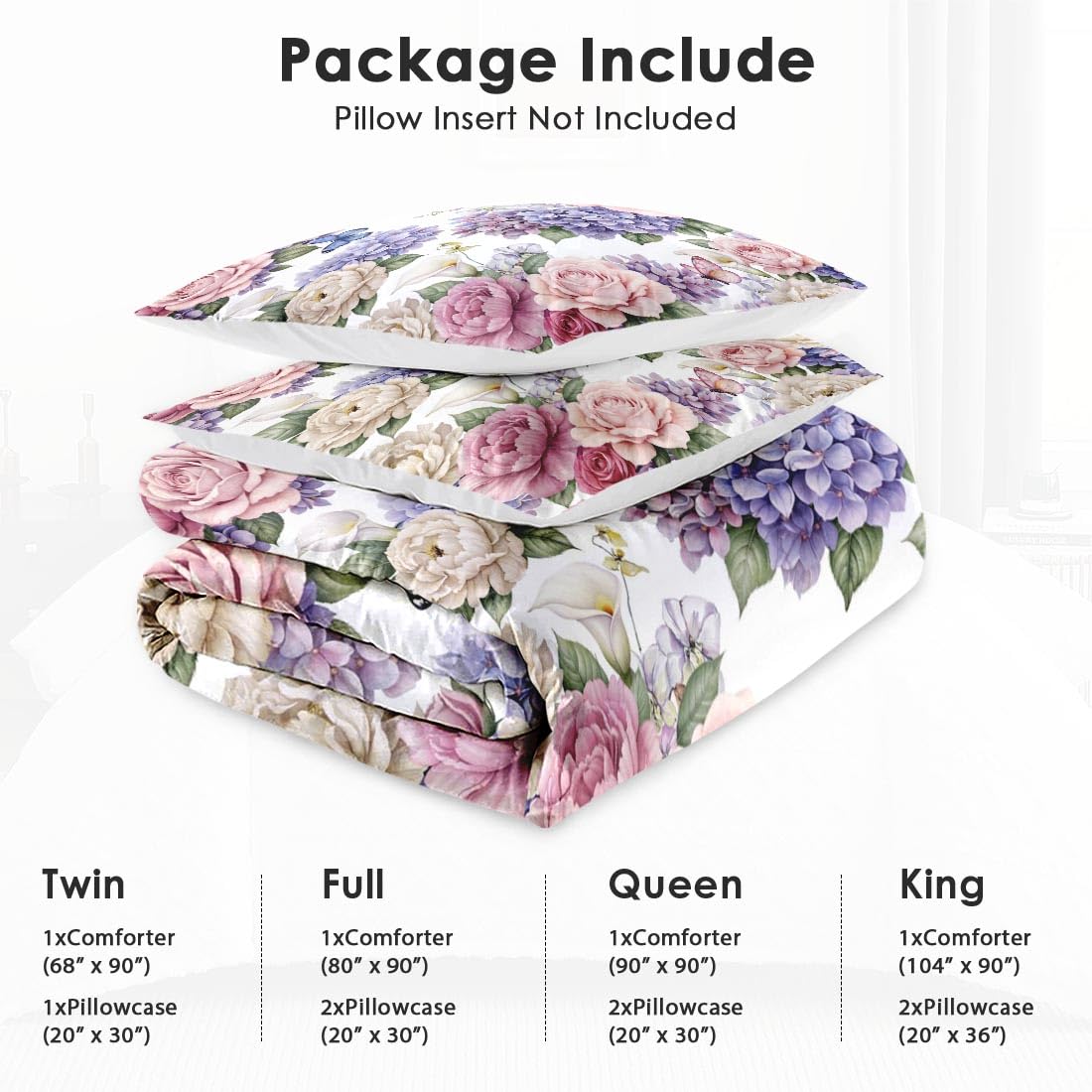 WeCozy Twin Size Comforter Set with Pillowcase, Painting Floral Rose Flower Hydrangea Soft 2 Pcs Bedding for Kids and Adults Bedroom Bed Decor